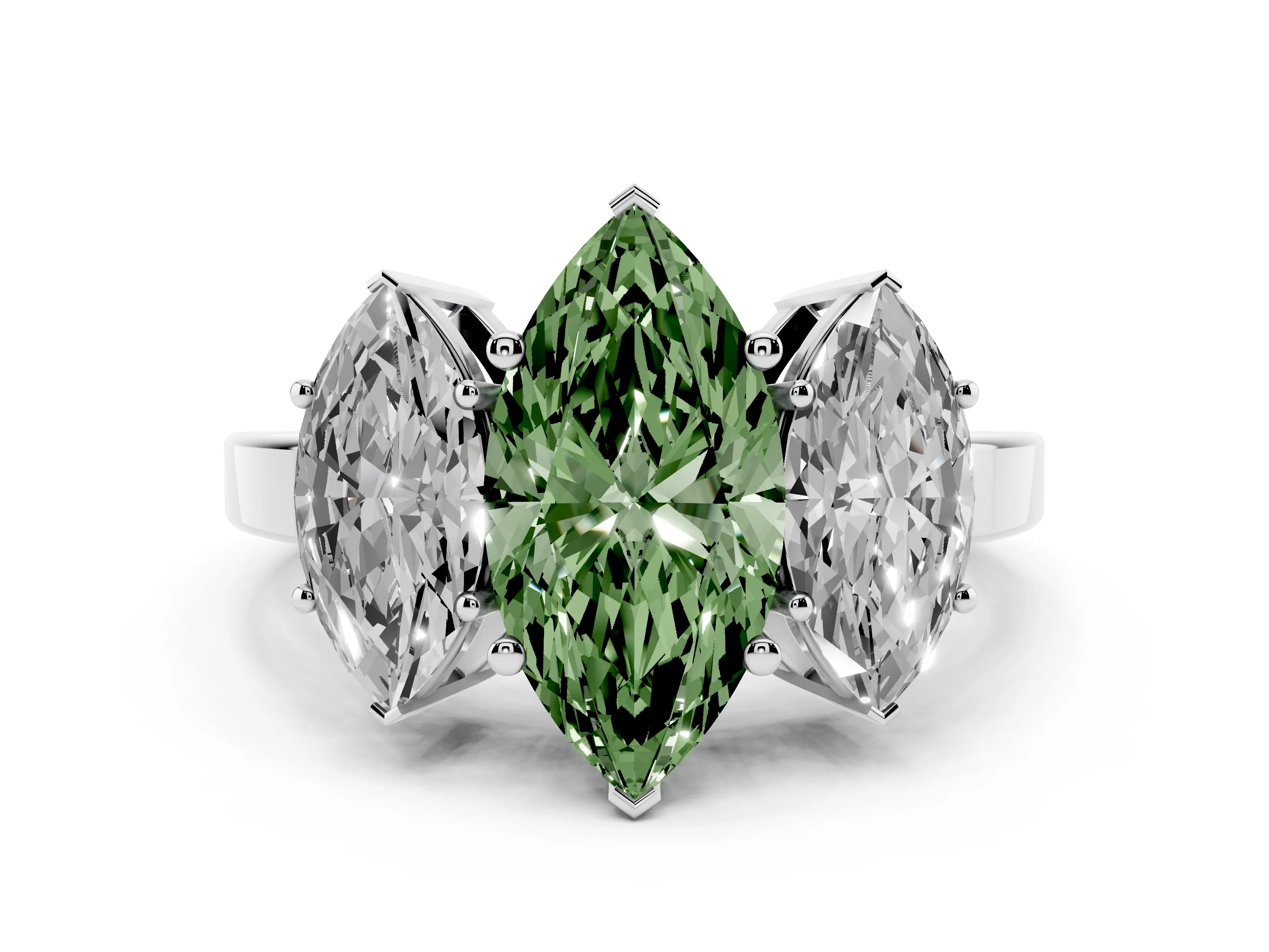Fancy Green Marquise Cut Diamond Three-Stone Engagement Ring Set in Platinum with Flat Band