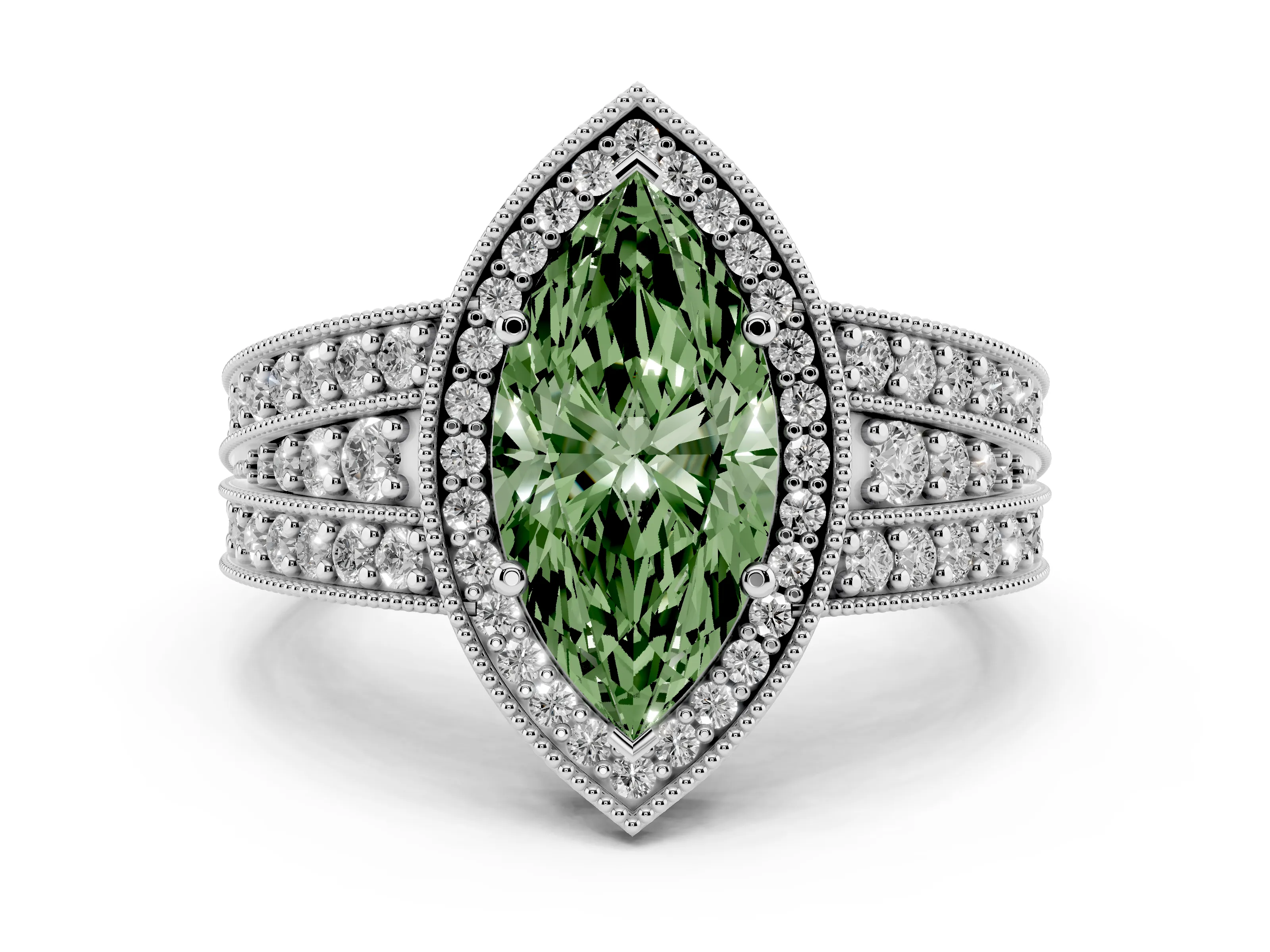 Fancy Green Marquise Cut Diamond Halo Ring Set in Silver with Accent Split Shank and Prong Setting