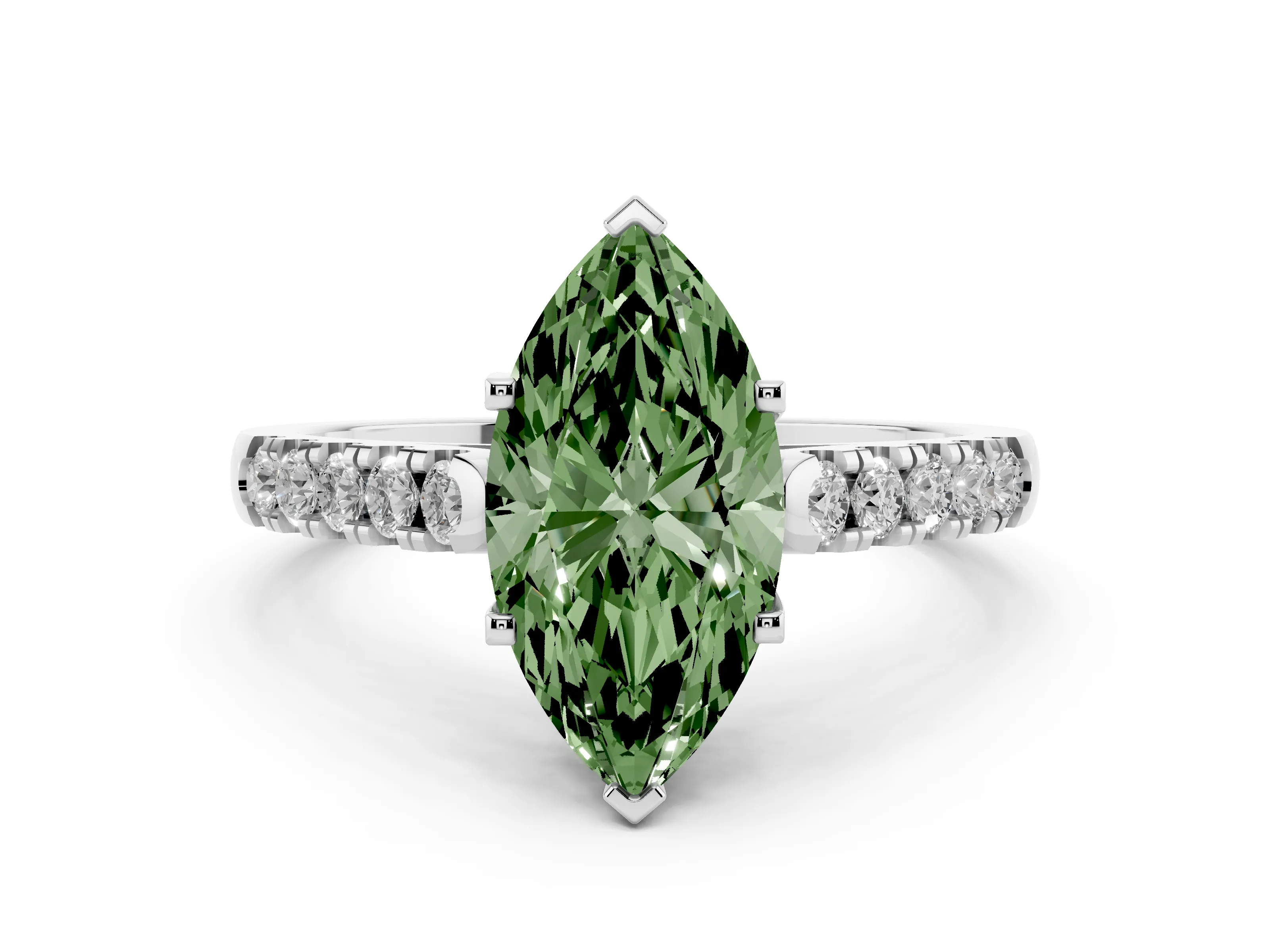 Fancy Green Marquise Cut Diamond Pavé Band Solitaire Ring Set in White gold with Partway Accent Stones and Prong Setting