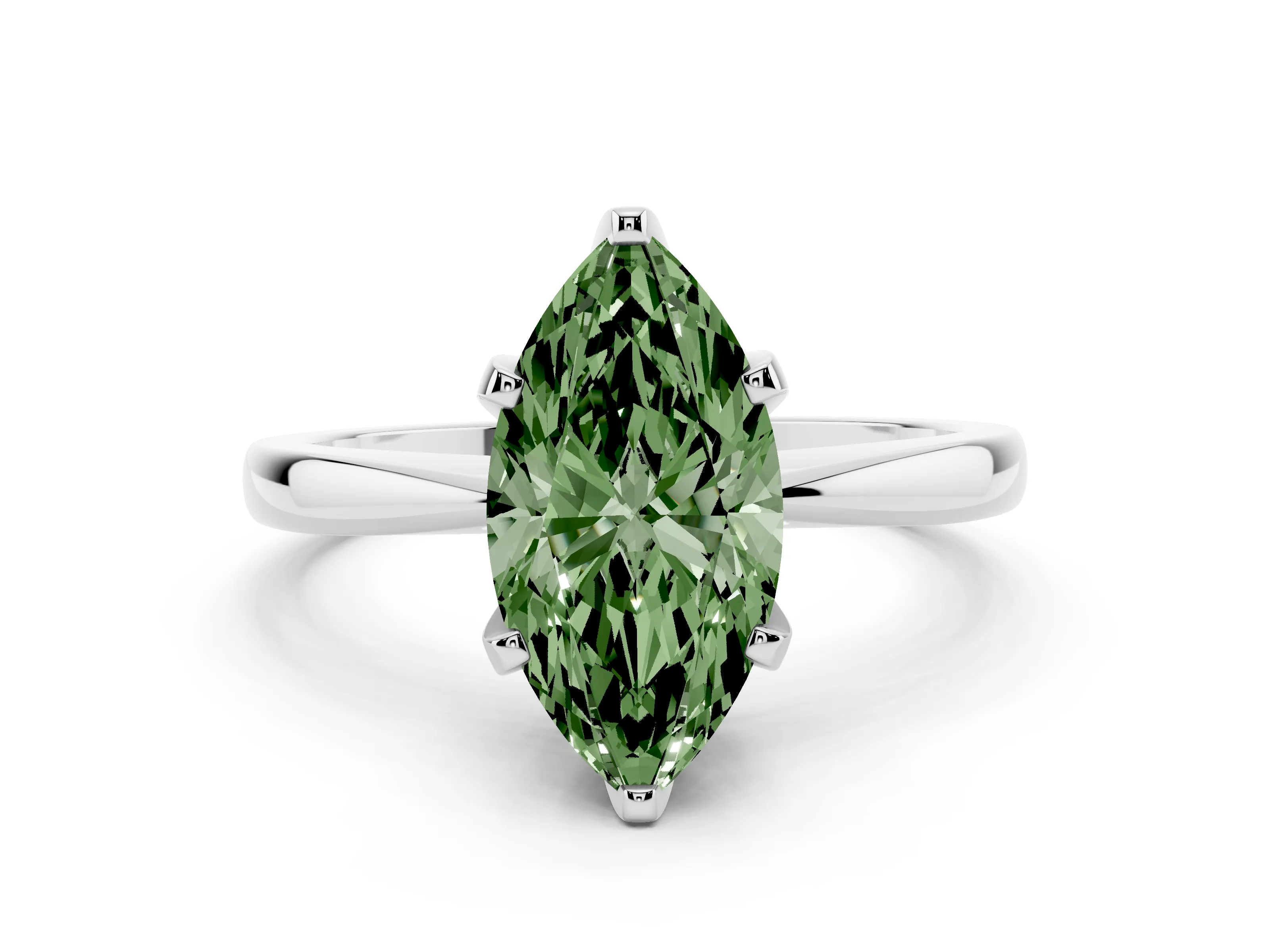 Fancy Green Marquise Cut Diamond Solitaire Engagement Ring Set in White gold with Slim Tapered Solitaire Band