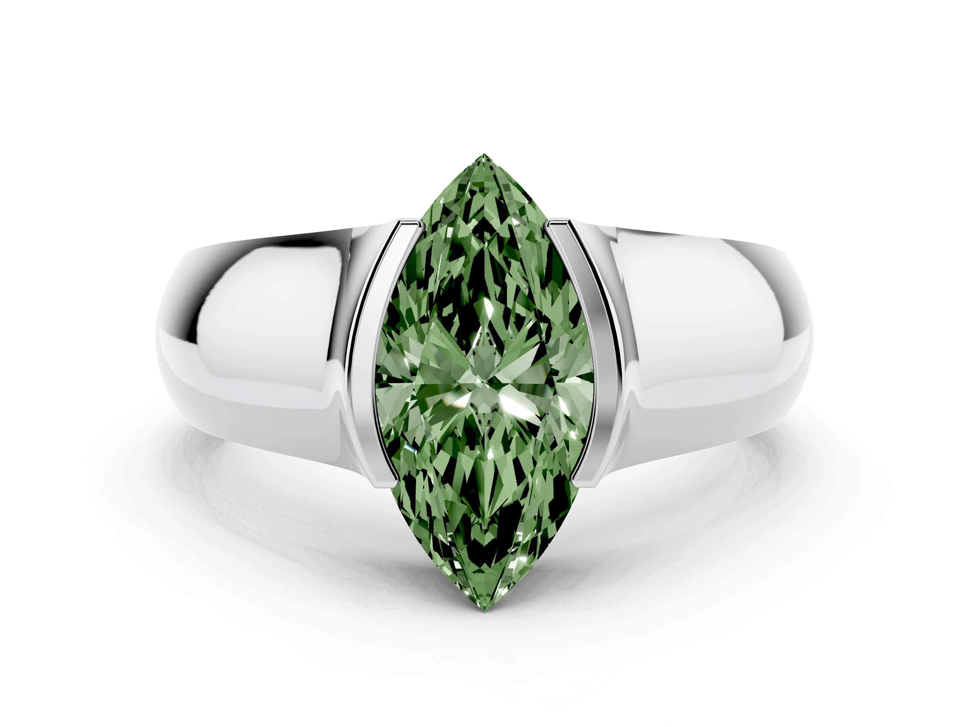 Fancy Green Marquise Cut Diamond Bezel Solitaire Ring Set in White gold with Wide Band