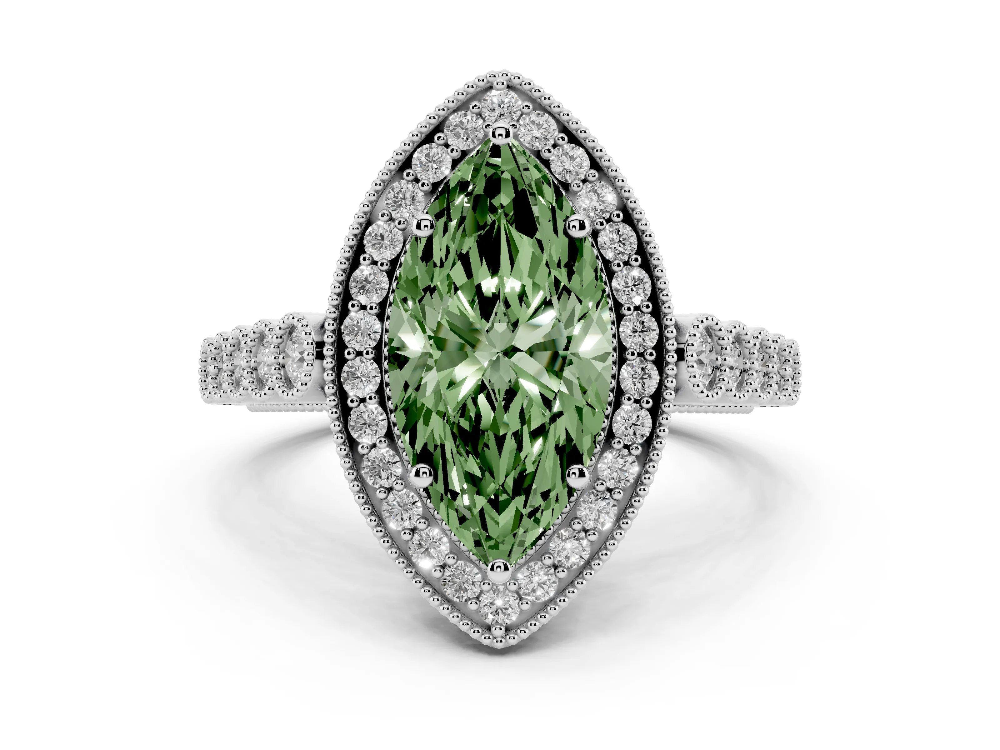 Fancy Green Marquise Cut Diamond Milgrain Halo Solitaire Ring Set in Platinum with Bezel Set Side Stones and Pavé Band
