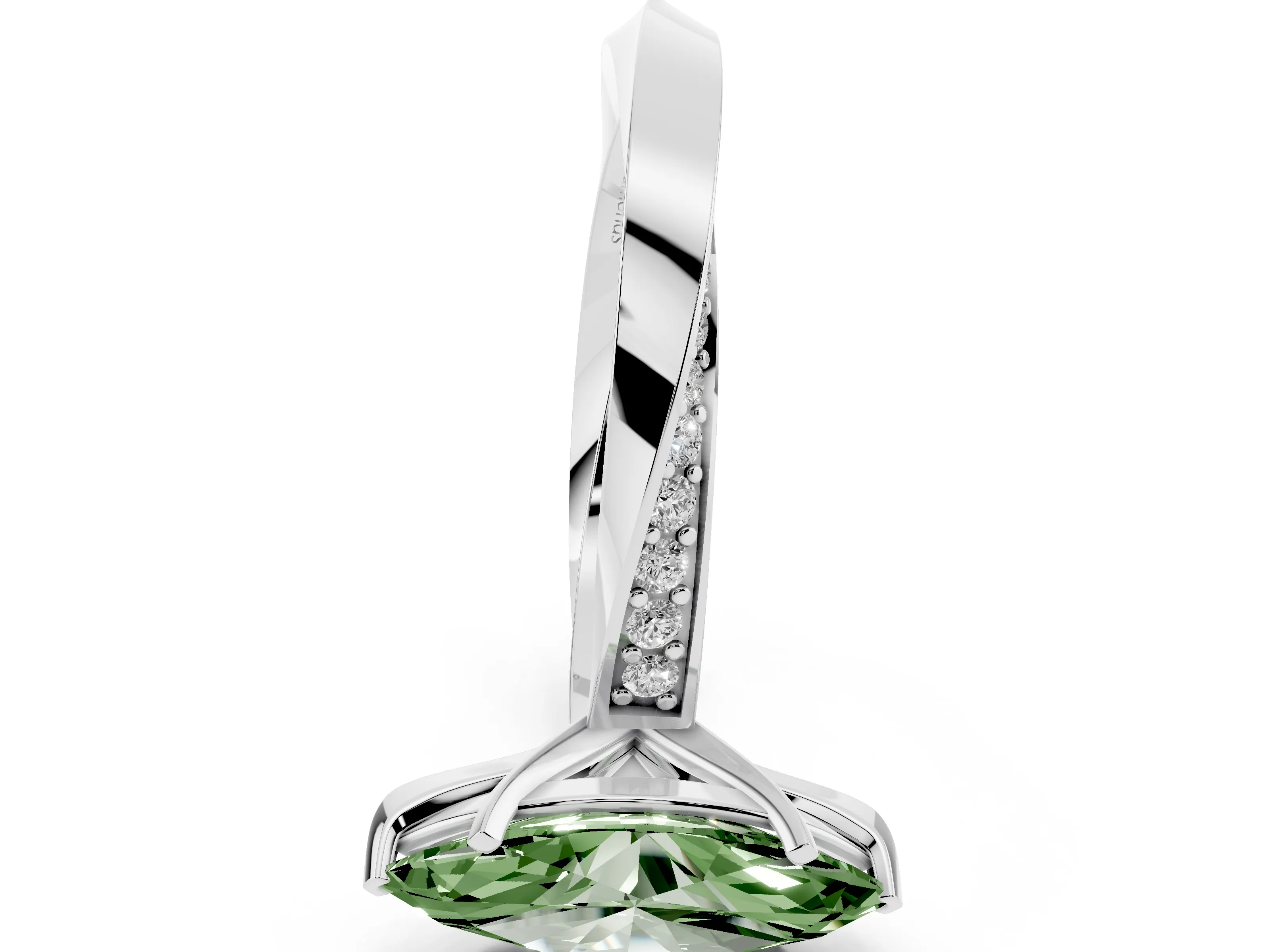 Fancy Green Marquise Cut Diamond Engagement Ring Set in Platinum with Side Stone Accents and Prong Setting