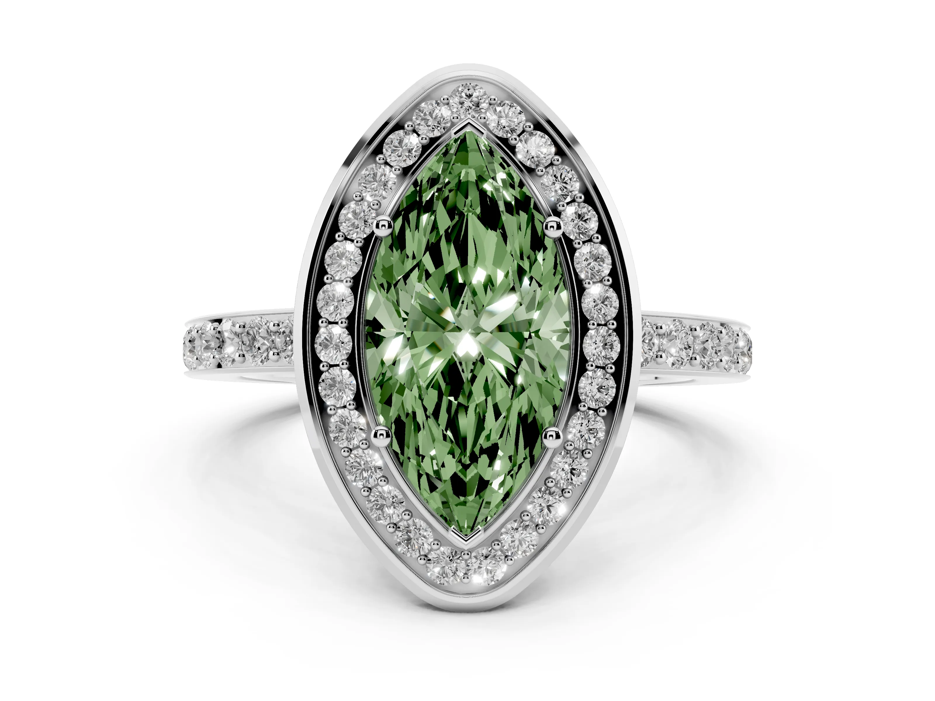 Fancy Green Marquise Cut Diamond Halo Ring Set in Silver with Bezel Frame and Pavé Band