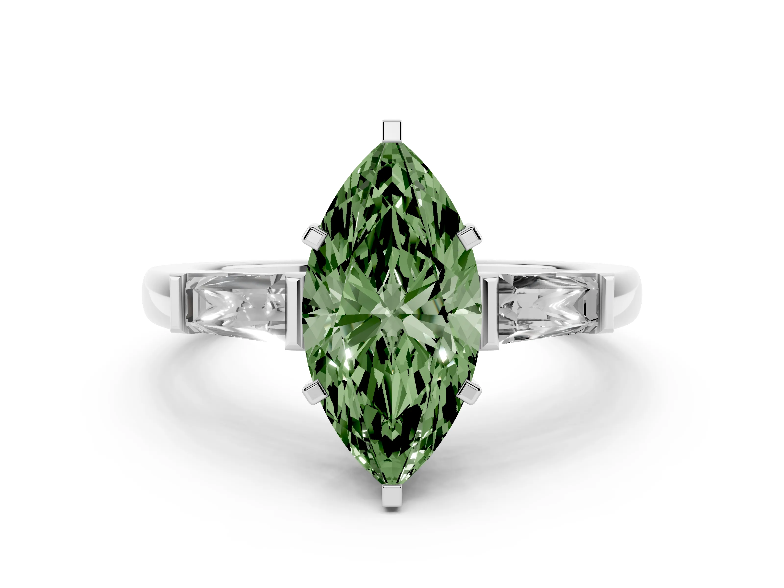 Fancy Green Marquise Cut Diamond Solitaire Ring Set in White gold with Tapered Baguette Side Stones and Prong Setting