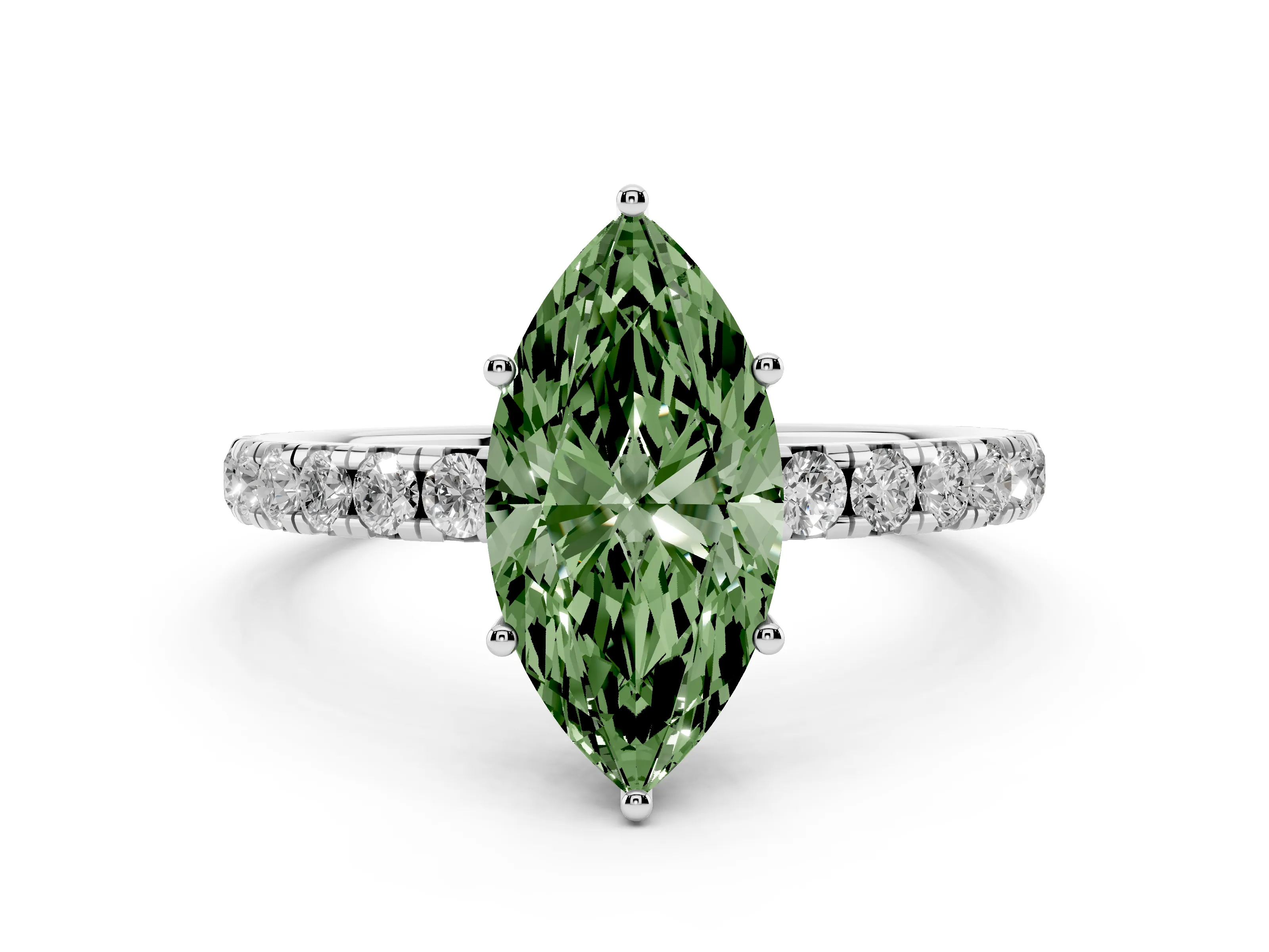 Fancy Green Marquise Cut Diamond Pavé Solitaire Engagement Ring Set in White gold with Prong Setting