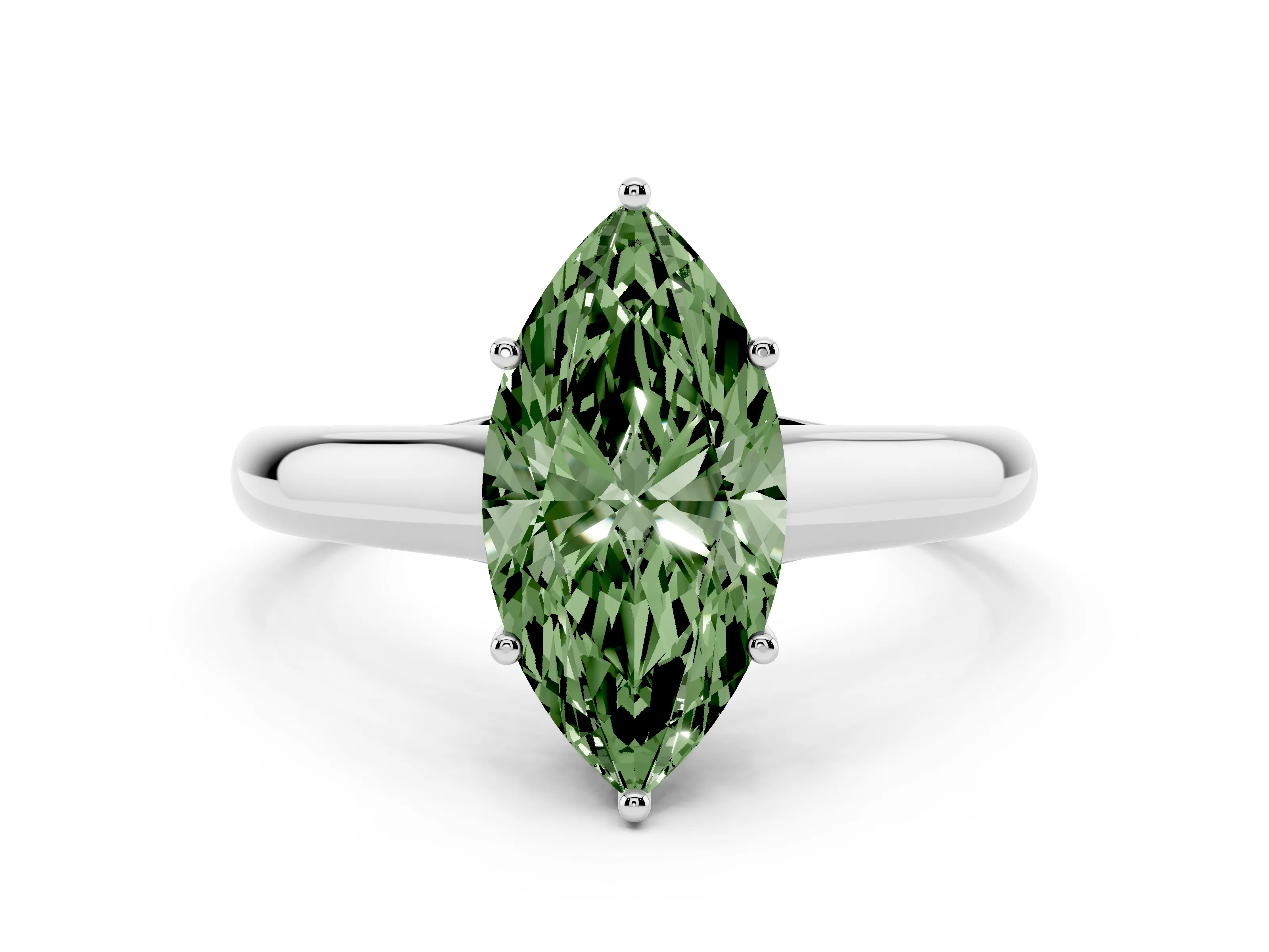 Fancy Green Marquise Cut Diamond Solitaire Engagement Ring Set in White gold with Subtly Tapered Band and Prong Setting