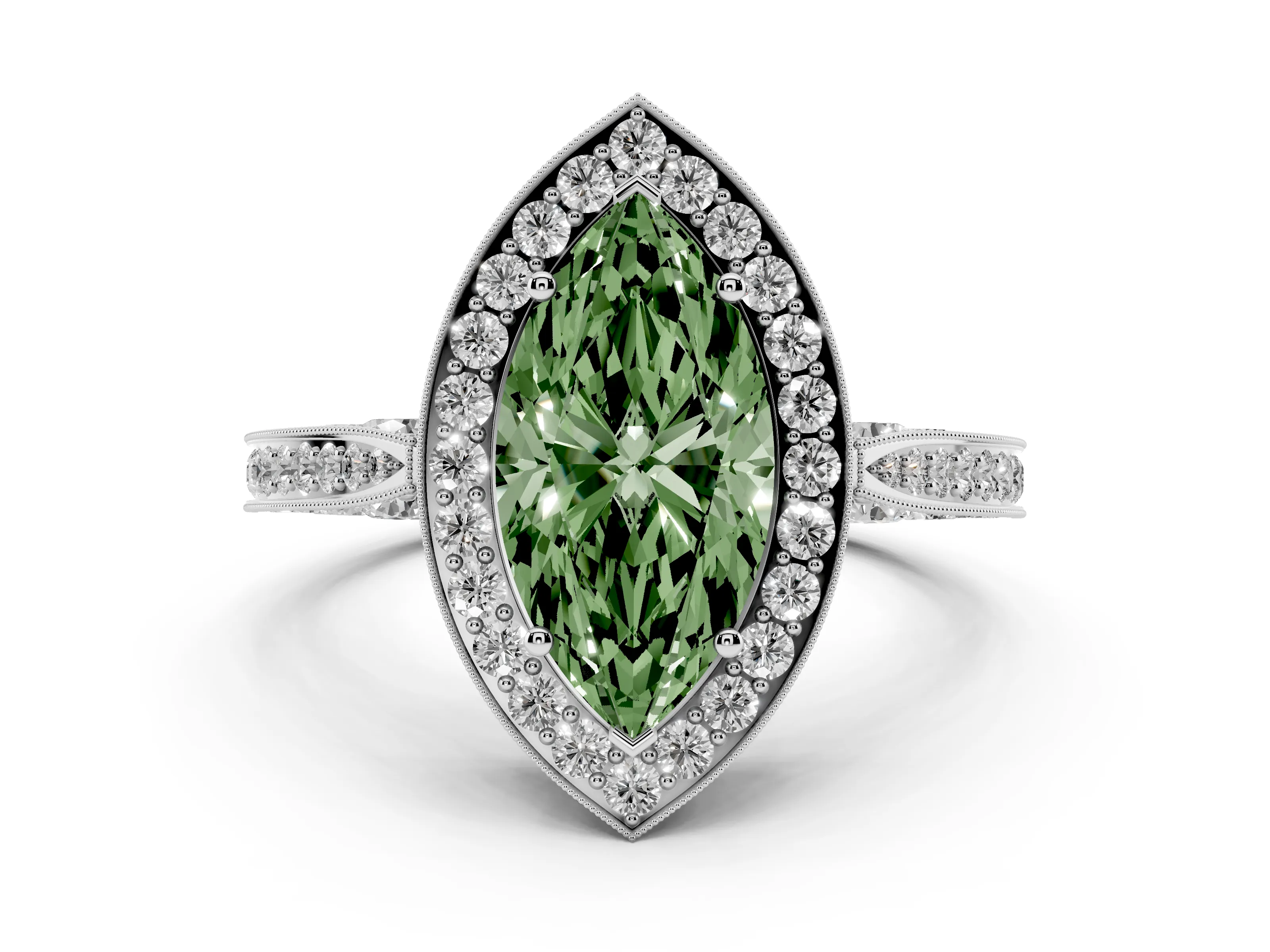 Fancy Green Marquise Cut Diamond Halo Engagement Ring Set in Silver with Accent Split Shank Band
