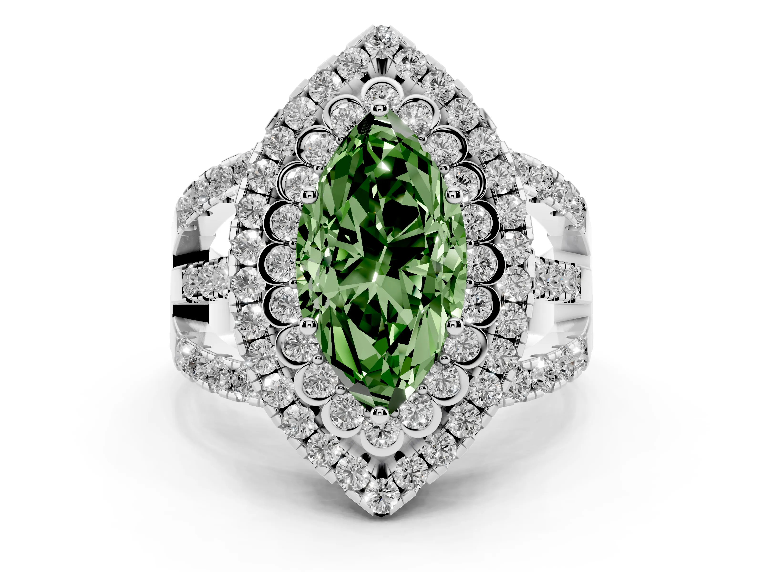 Fancy Green Marquise Cut Diamond Double Halo Ring Set in White gold with Round Pavé Split Shank