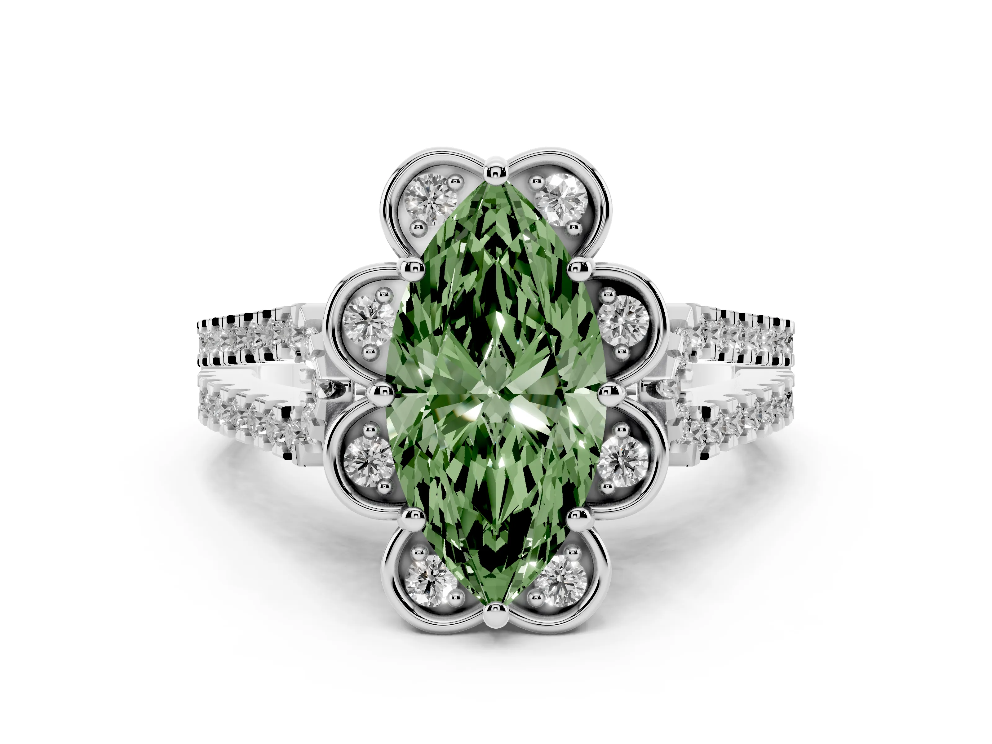Fancy Green Marquise Cut Diamond Floral Halo Split Shank Engagement Ring Set in Platinum with Pavé Shank