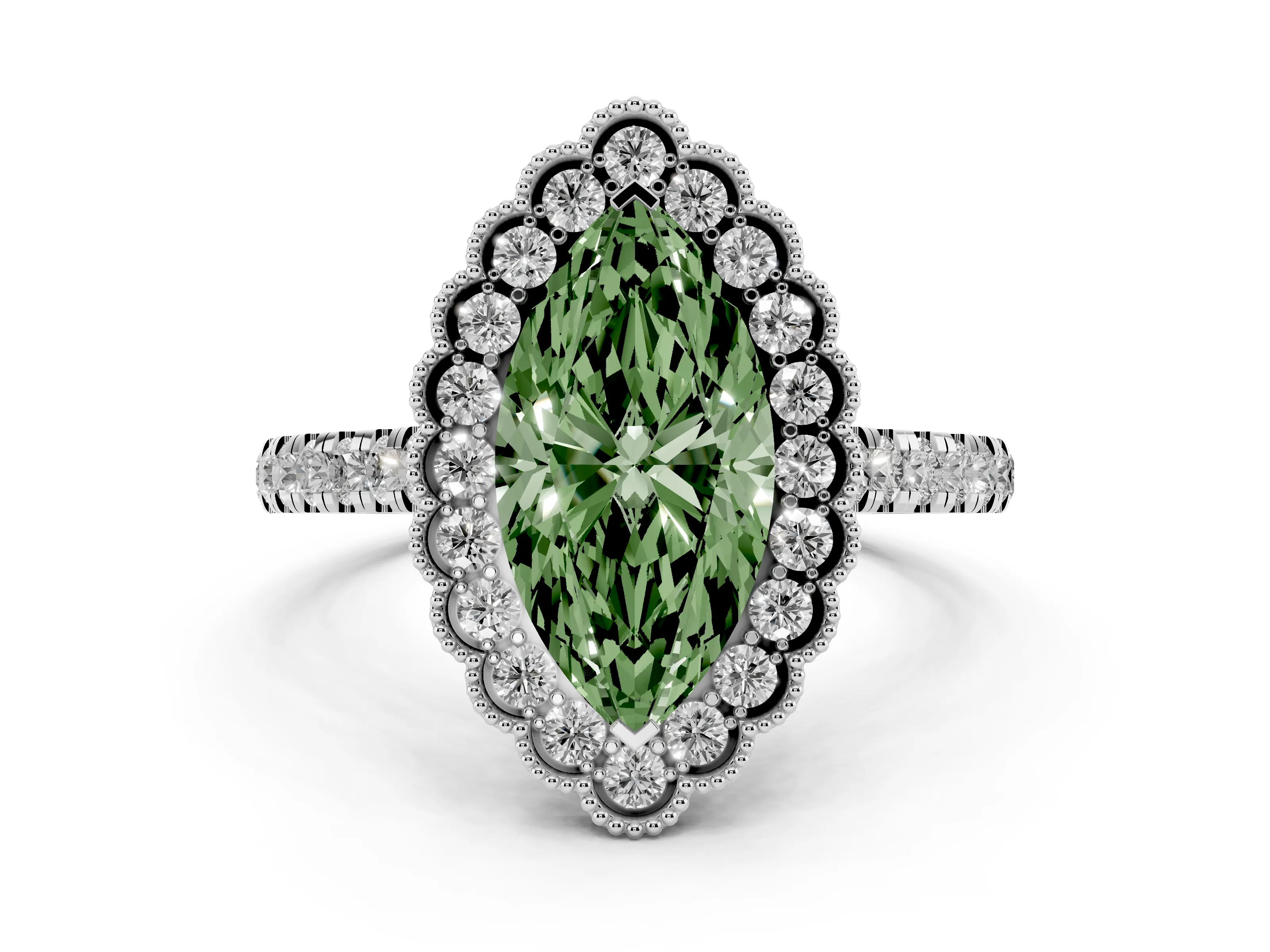 Fancy Green Marquise Cut Diamond Milgrain Floral Halo Engagement Ring Set in White gold with Pavé Band