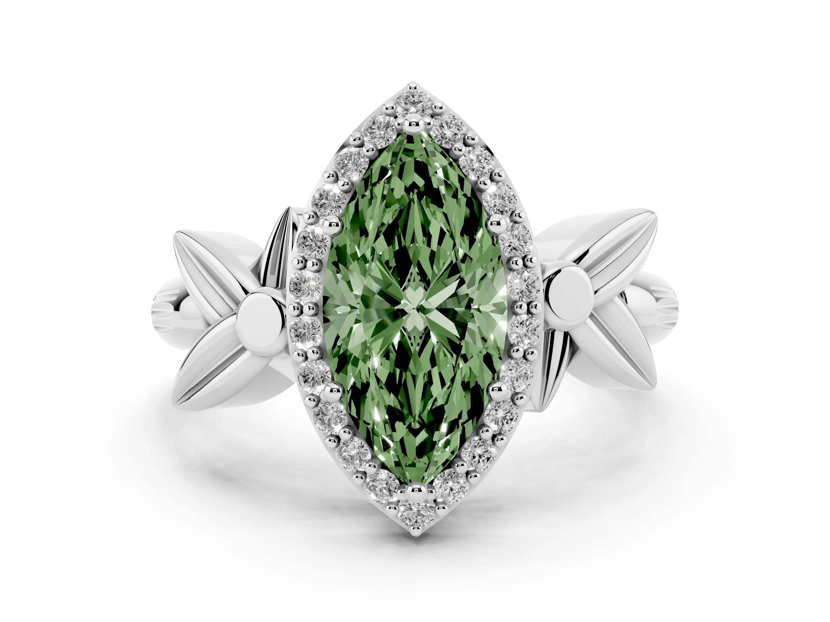 Fancy Green Marquise Cut Diamond Halo Floral Band Ring Set in White gold with Prong Setting