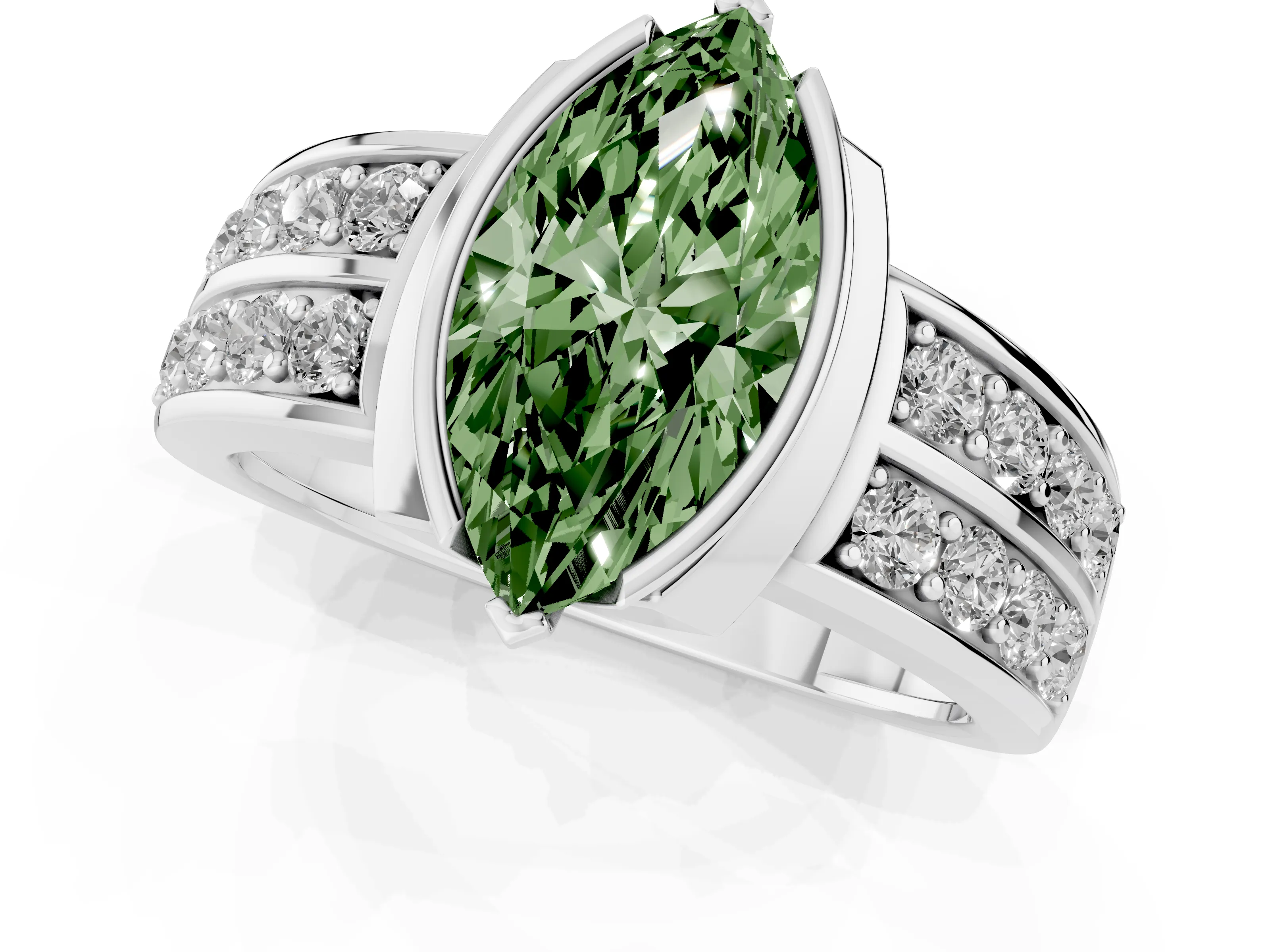 Fancy Green Marquise Cut Diamond Wide Channel Set Band Ring Set in Silver with Bezel Setting