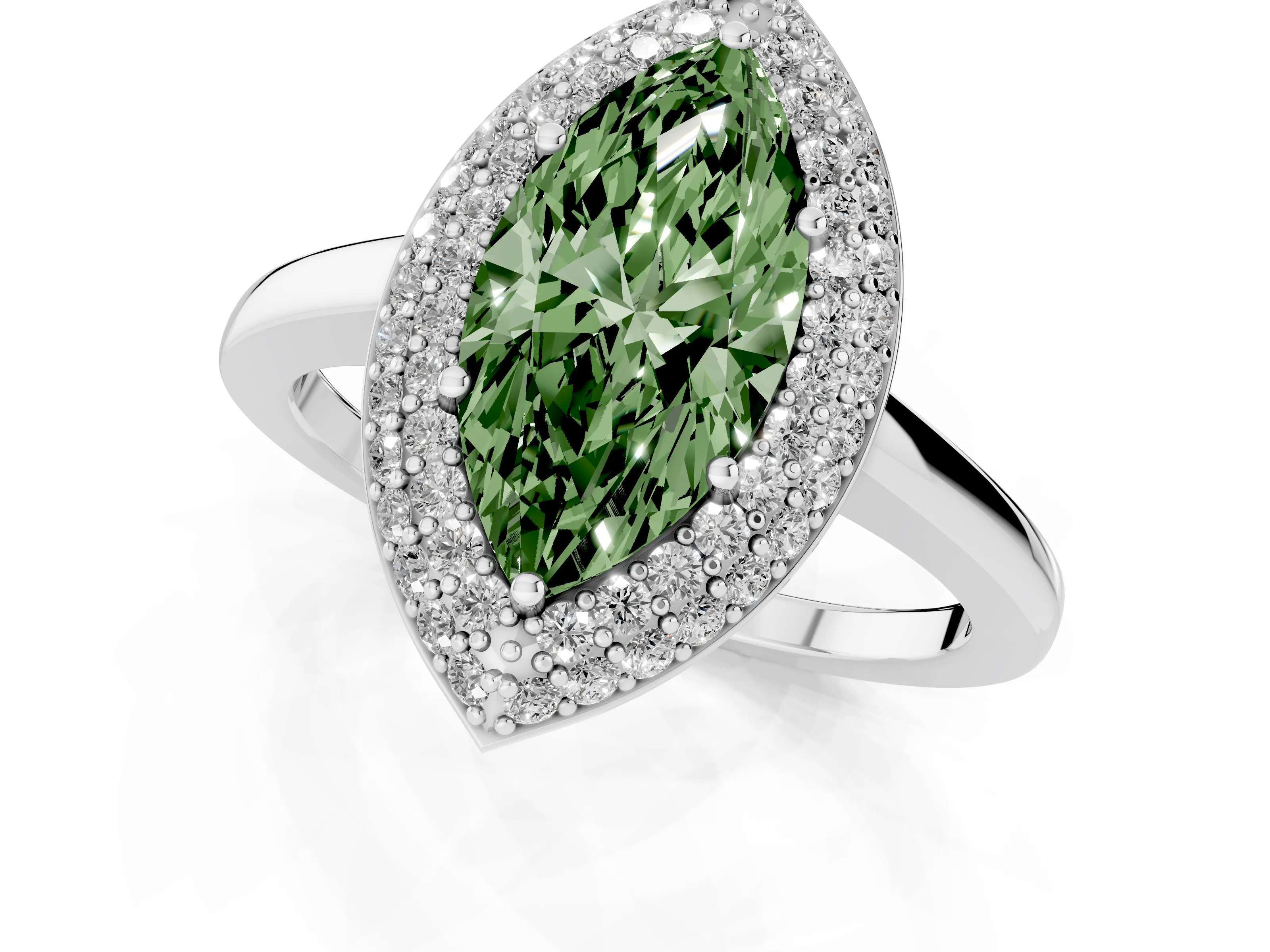 Fancy Green Marquise Cut Diamond Halo Engagement Ring Set in Platinum with Solitaire Band and Prong Setting