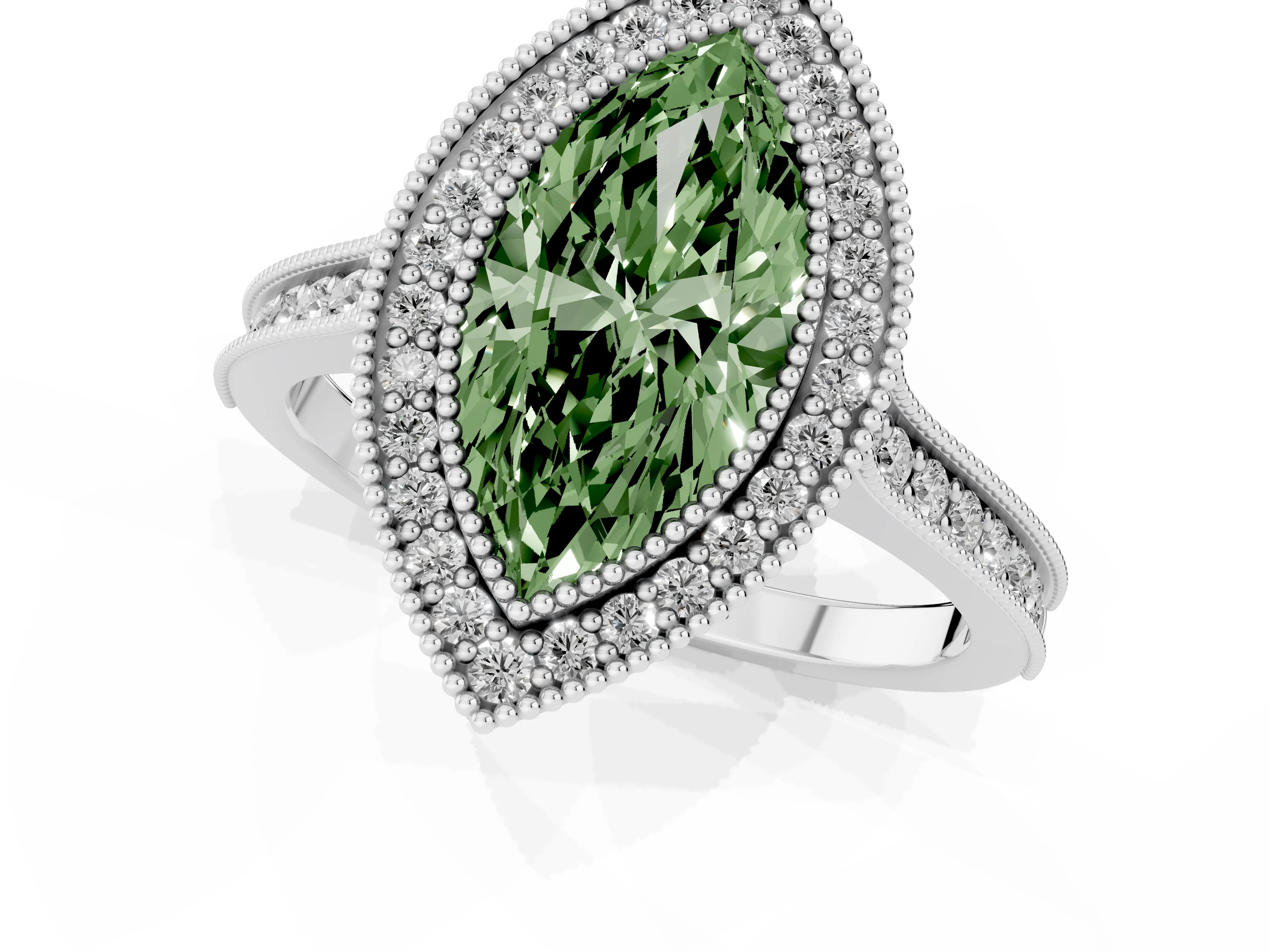 Fancy Green Marquise Cut Diamond Halo Milgrain Pavé Band Ring Set in Platinum with Prong Setting