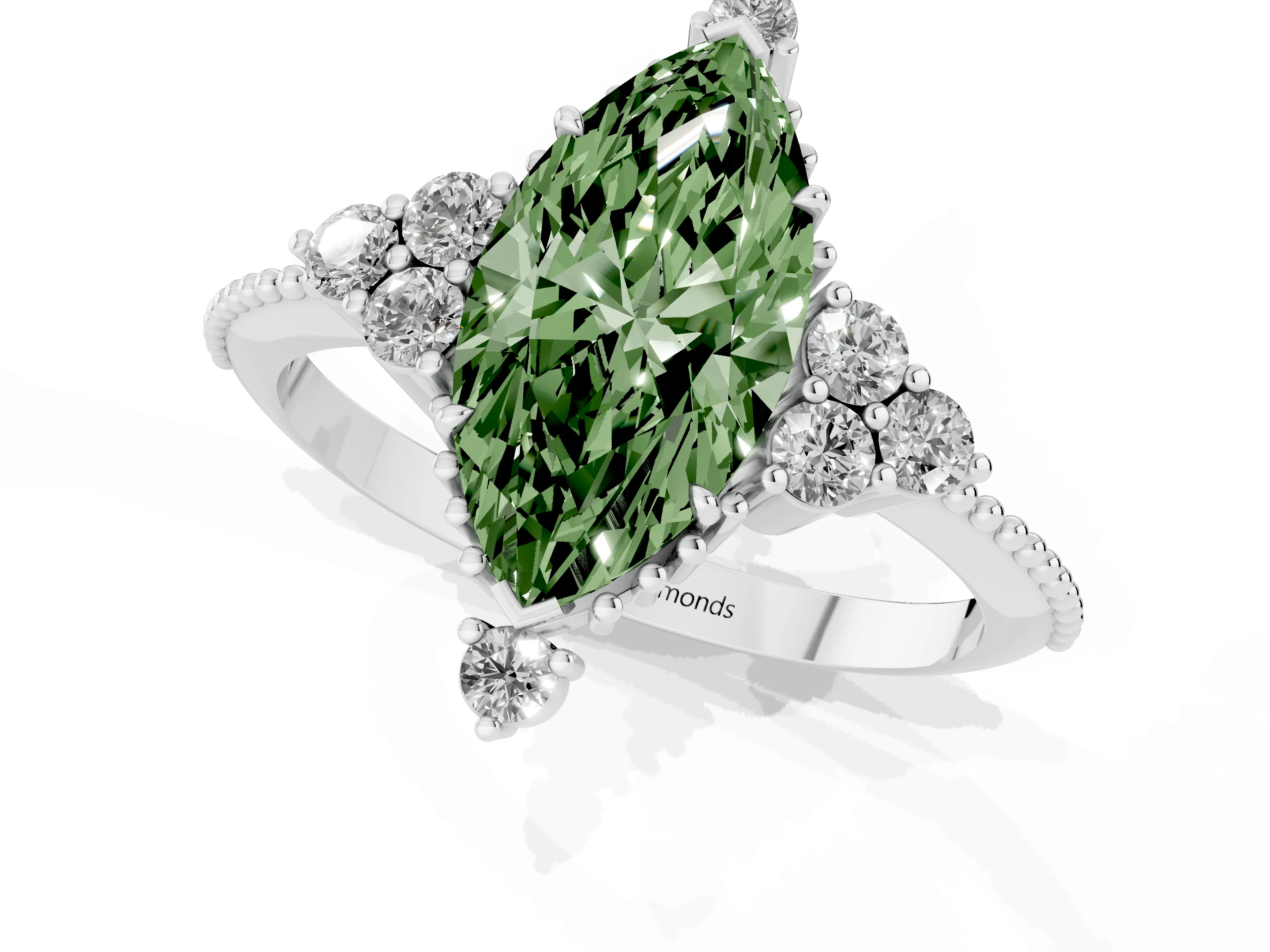 Fancy Green Marquise Cut Diamond Cluster Ring Set in Silver with Beaded Band