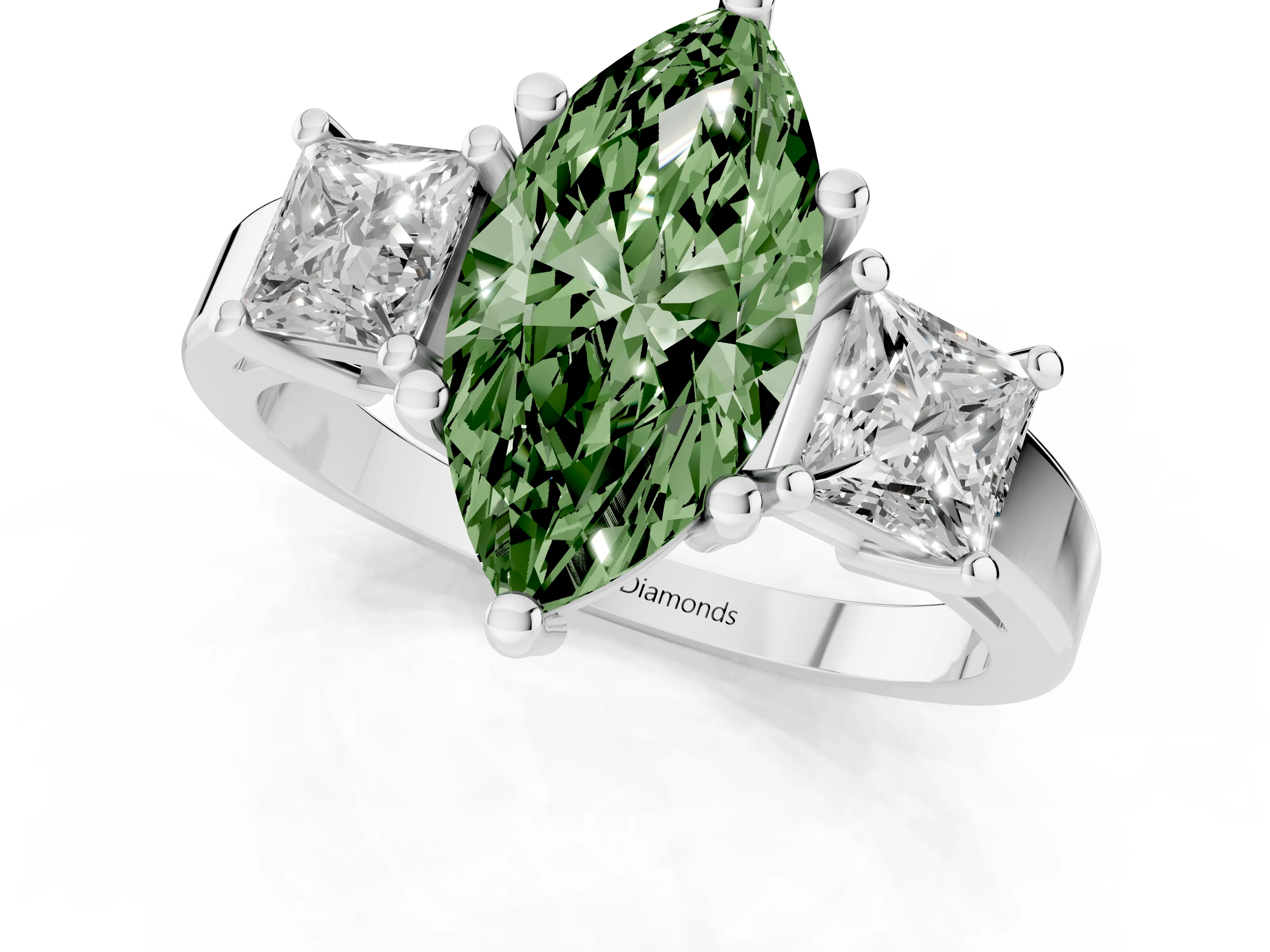 Fancy Green Three-Stone Marquise Cut Diamond Solitaire Ring Set in Platinum with Prong Setting