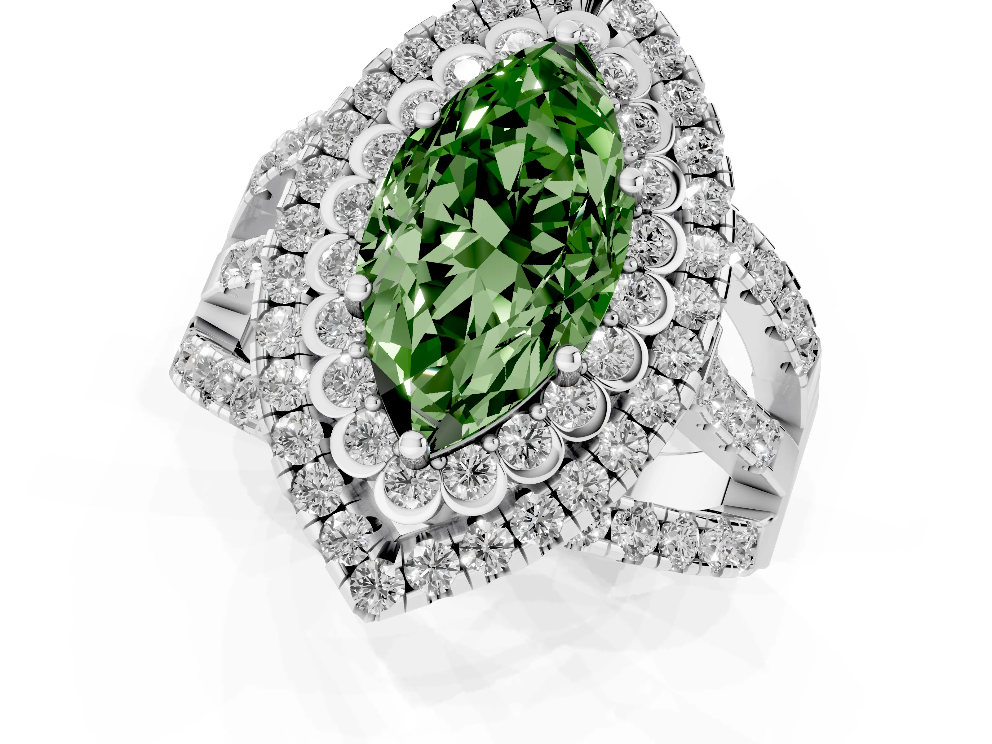 Fancy Green Marquise Cut Diamond Double Halo Ring Set in White gold with Round Pavé Split Shank