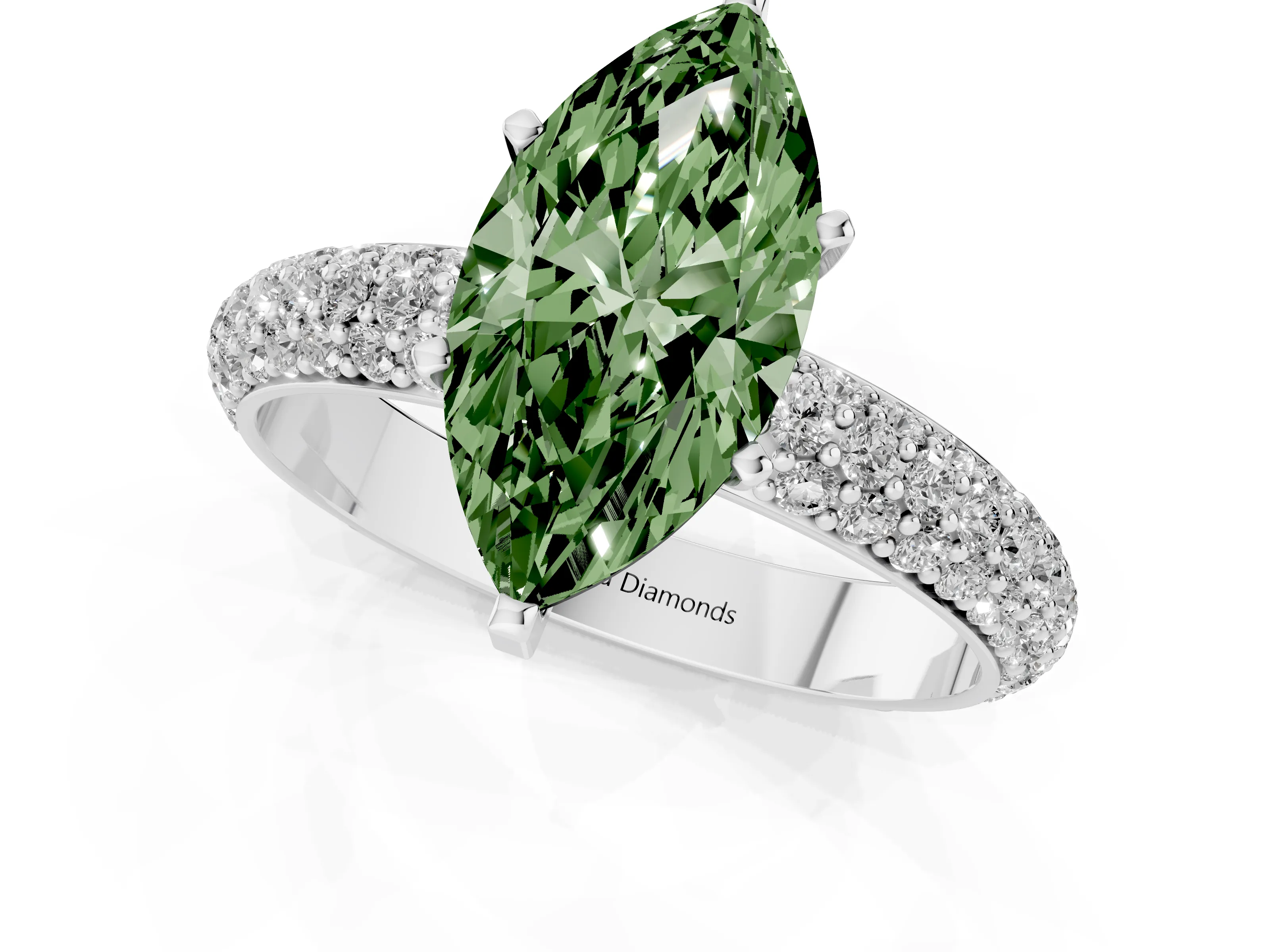 Fancy Green Marquise Cut Diamond Solitaire Ring Set in Platinum with Prong Setting and Pavé-Set Band