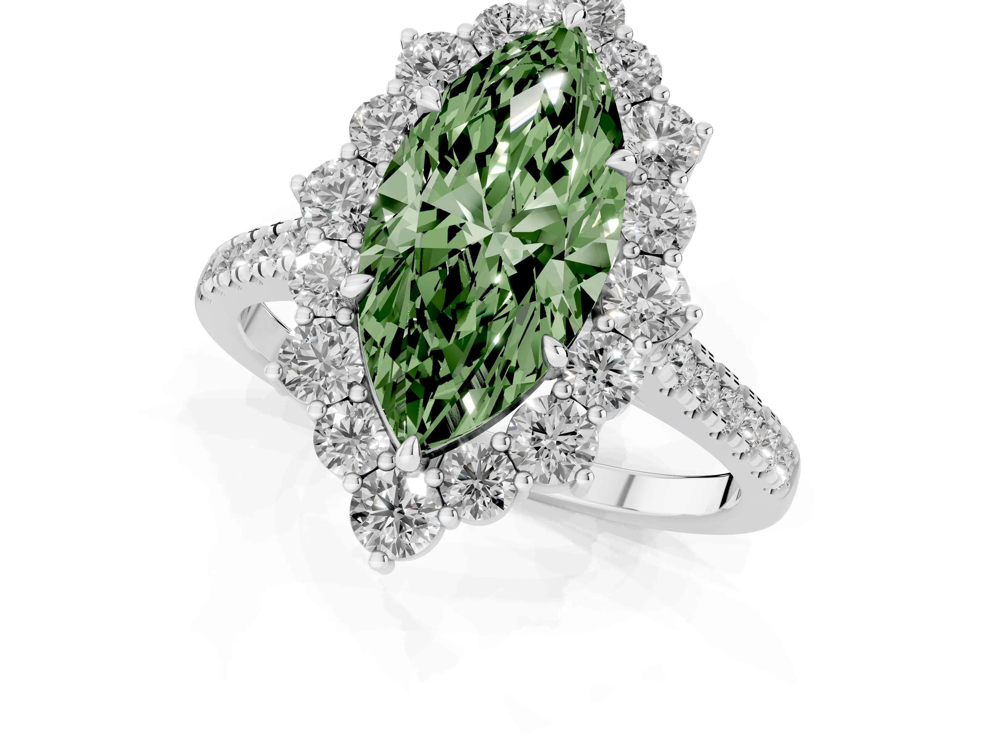 Fancy Green Marquise Cut Diamond Halo Ring Set in White gold with Pavé Band and Prong Setting