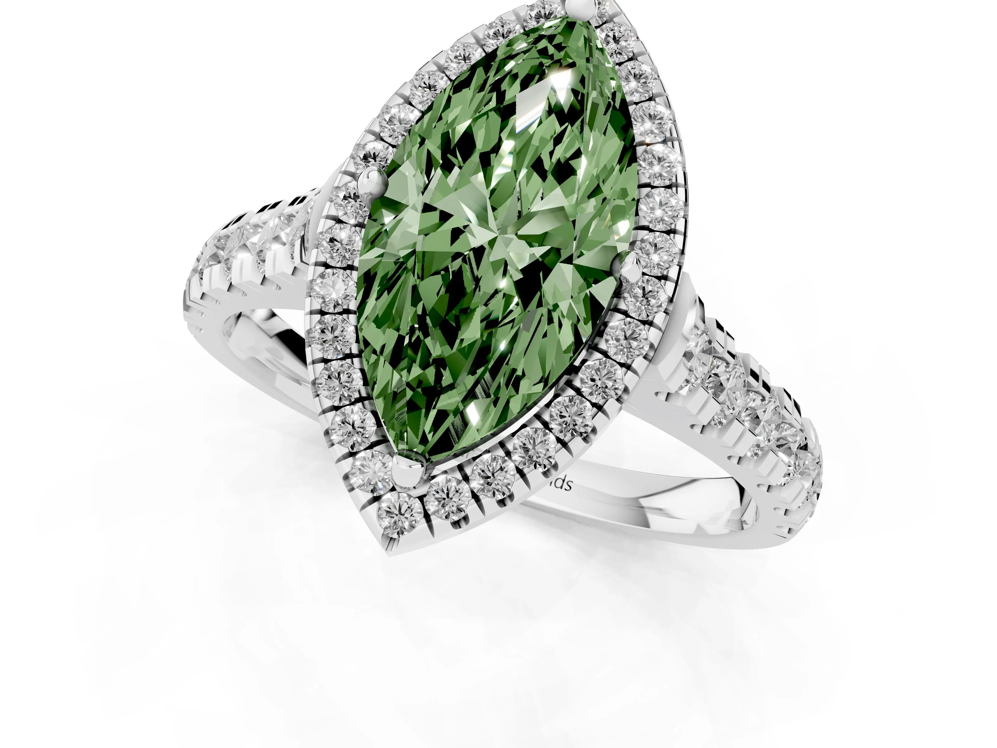 Fancy Green Marquise Cut Diamond Halo Engagement Ring Set in Platinum with Pavé Band and Prong-Set Center