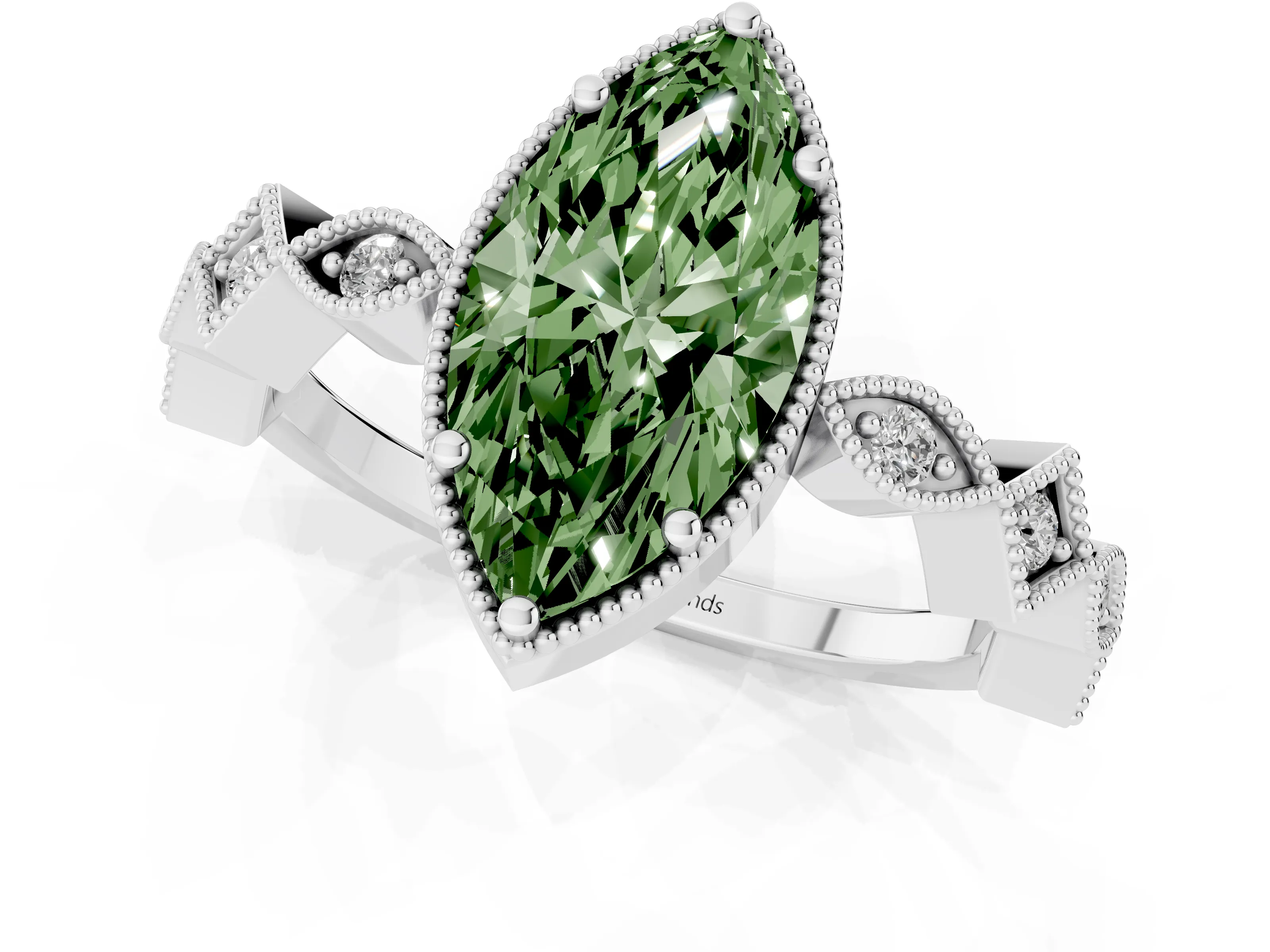 Fancy Green Marquise Cut Diamond Milgrain Marquise Twist Band Ring Set in Silver with Prong Setting