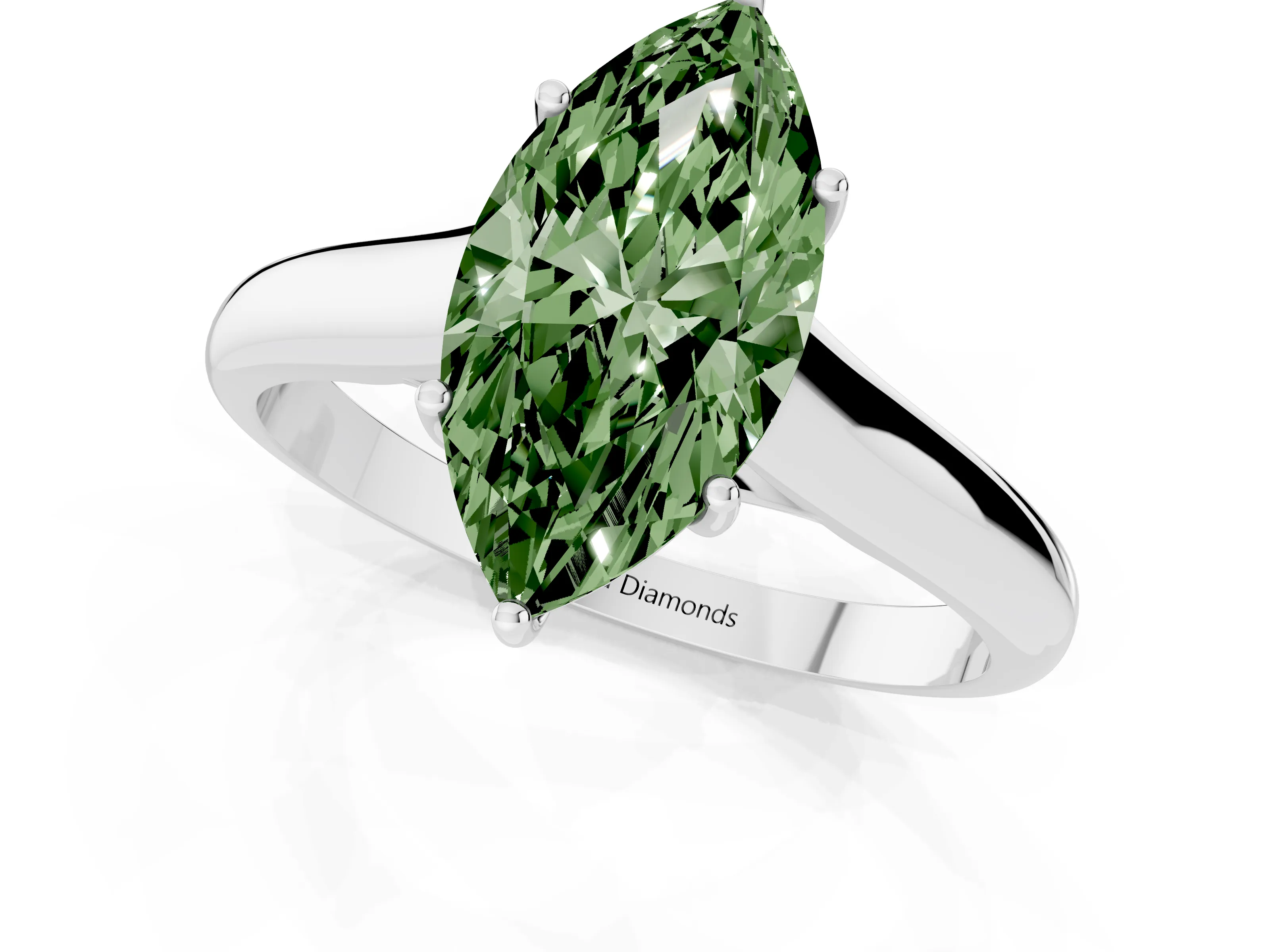 Fancy Green Marquise Cut Diamond Solitaire Engagement Ring Set in White gold with Subtly Tapered Band and Prong Setting