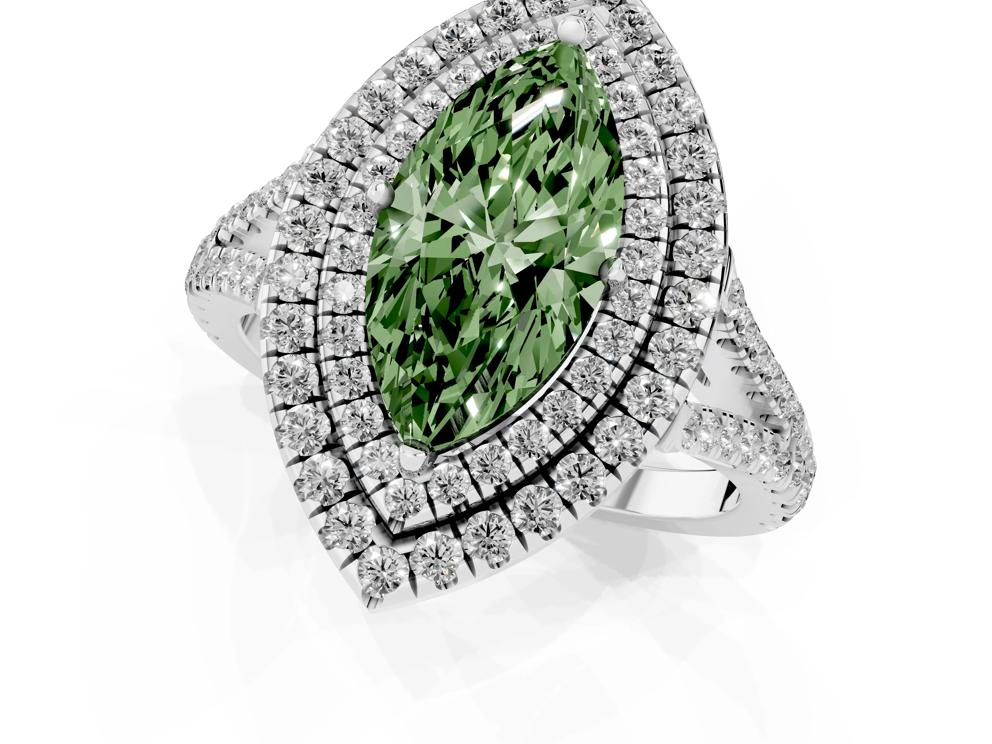 Fancy Green Marquise Cut Diamond Double Halo Ring Set in White gold with Pavé Band