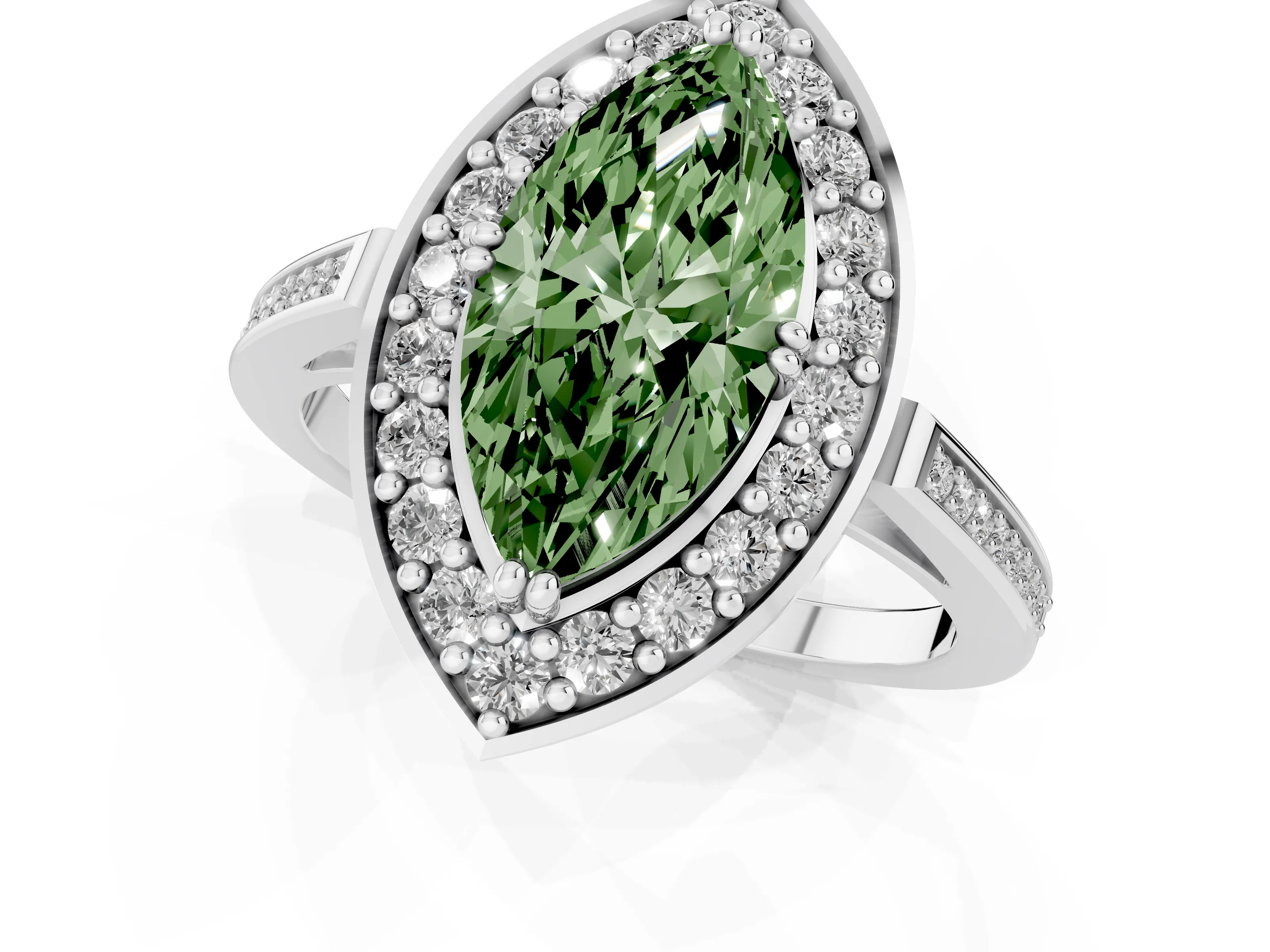 Fancy Green Marquise Cut Diamond Halo Ring Set in White gold with Accent-Lined Split Shank and Prong Setting