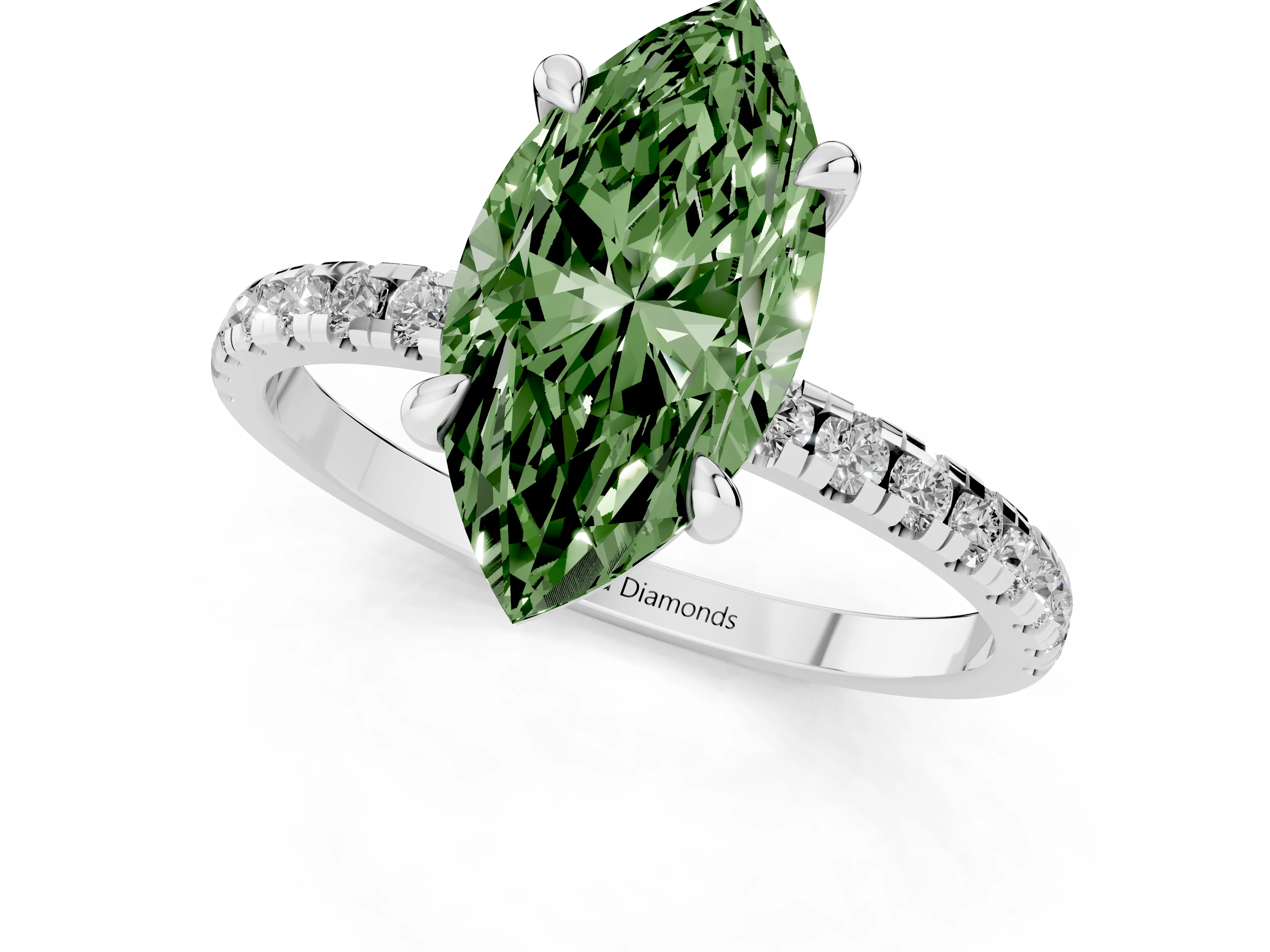 Fancy Green Marquise Cut Diamond Brilliant Solitaire Ring Set in Platinum with Pavé Band and Prong Setting – second view