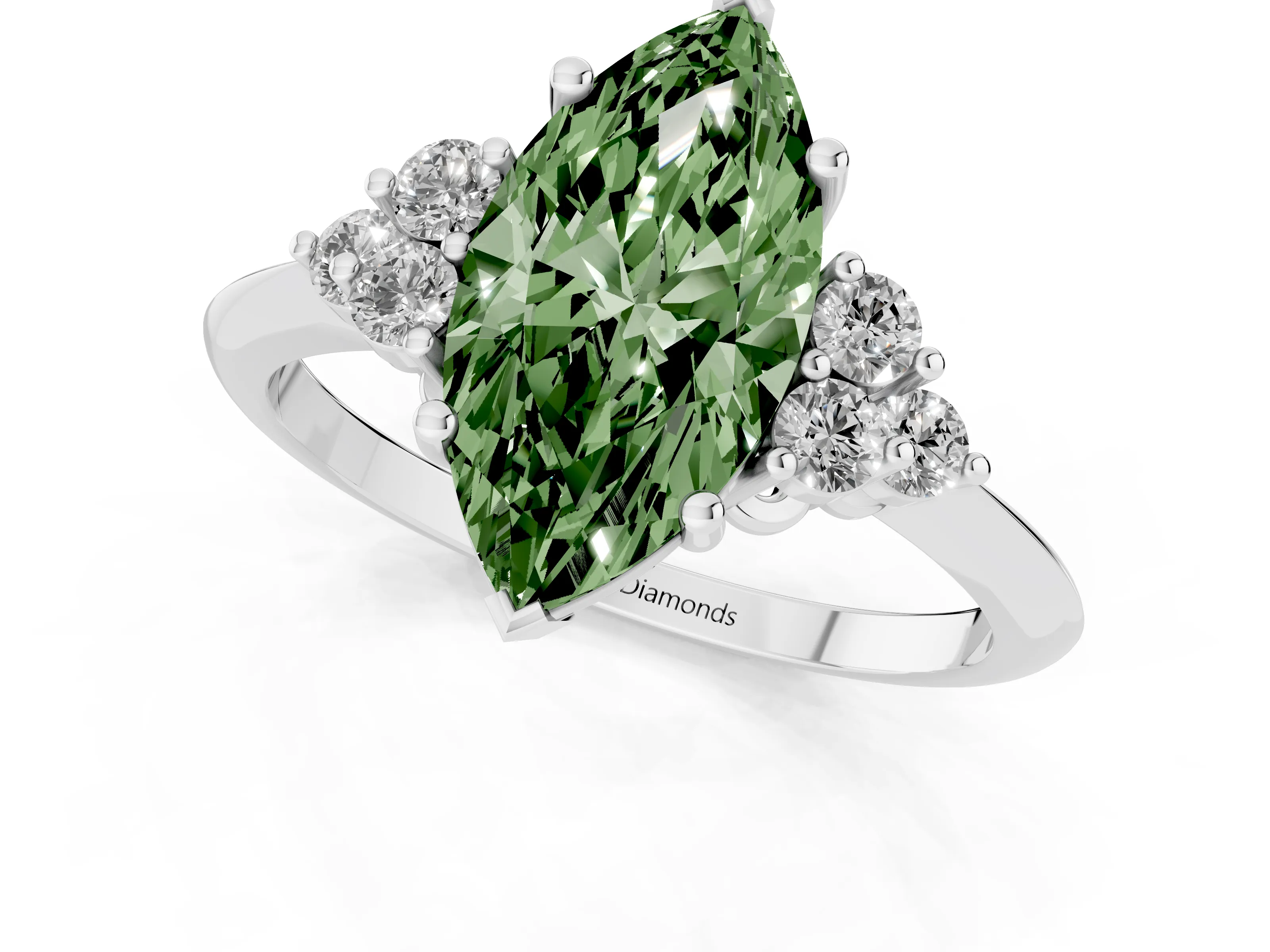 Fancy Green Marquise Cut Diamond Cluster Ring Set in Silver with Plain Band and Prong Setting