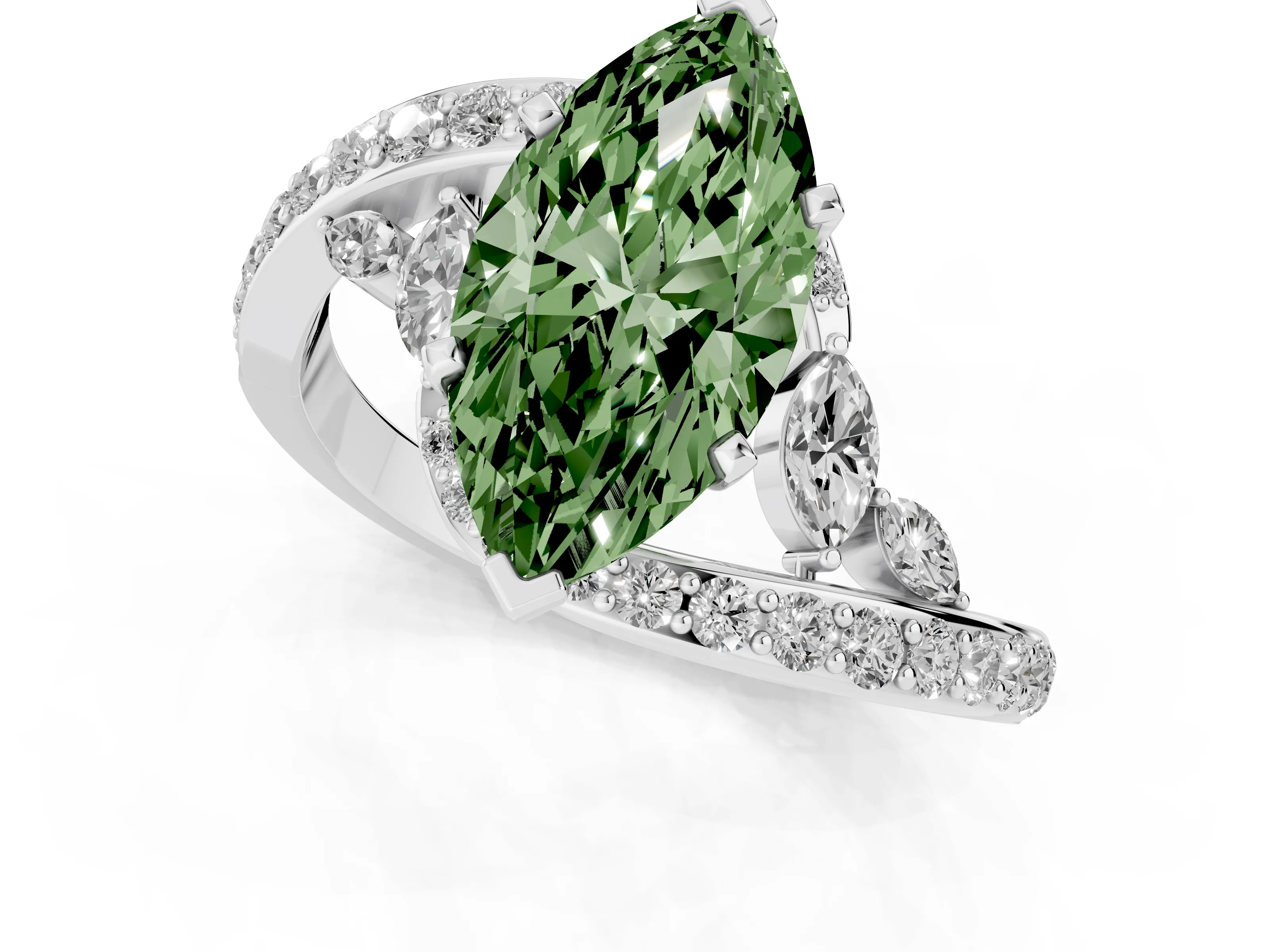Fancy Green Marquise Cut Diamond Solitaire Ring Set in Silver with Pavé Twist Band and Secure Prong Setting