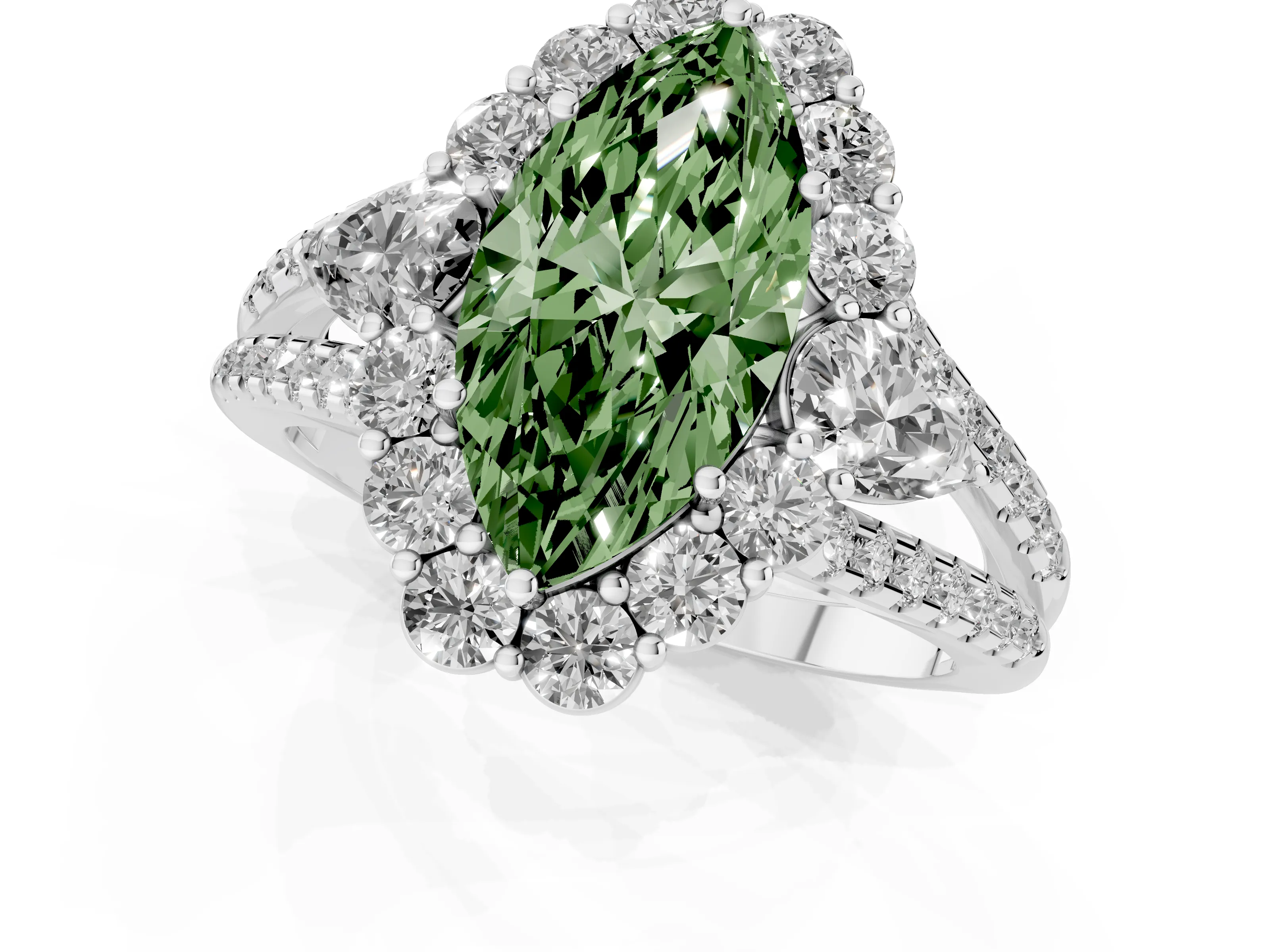 Fancy Green Marquise Cut Diamond Halo Split Shank Engagement Ring Set in White gold with Prong-Held Center Stone