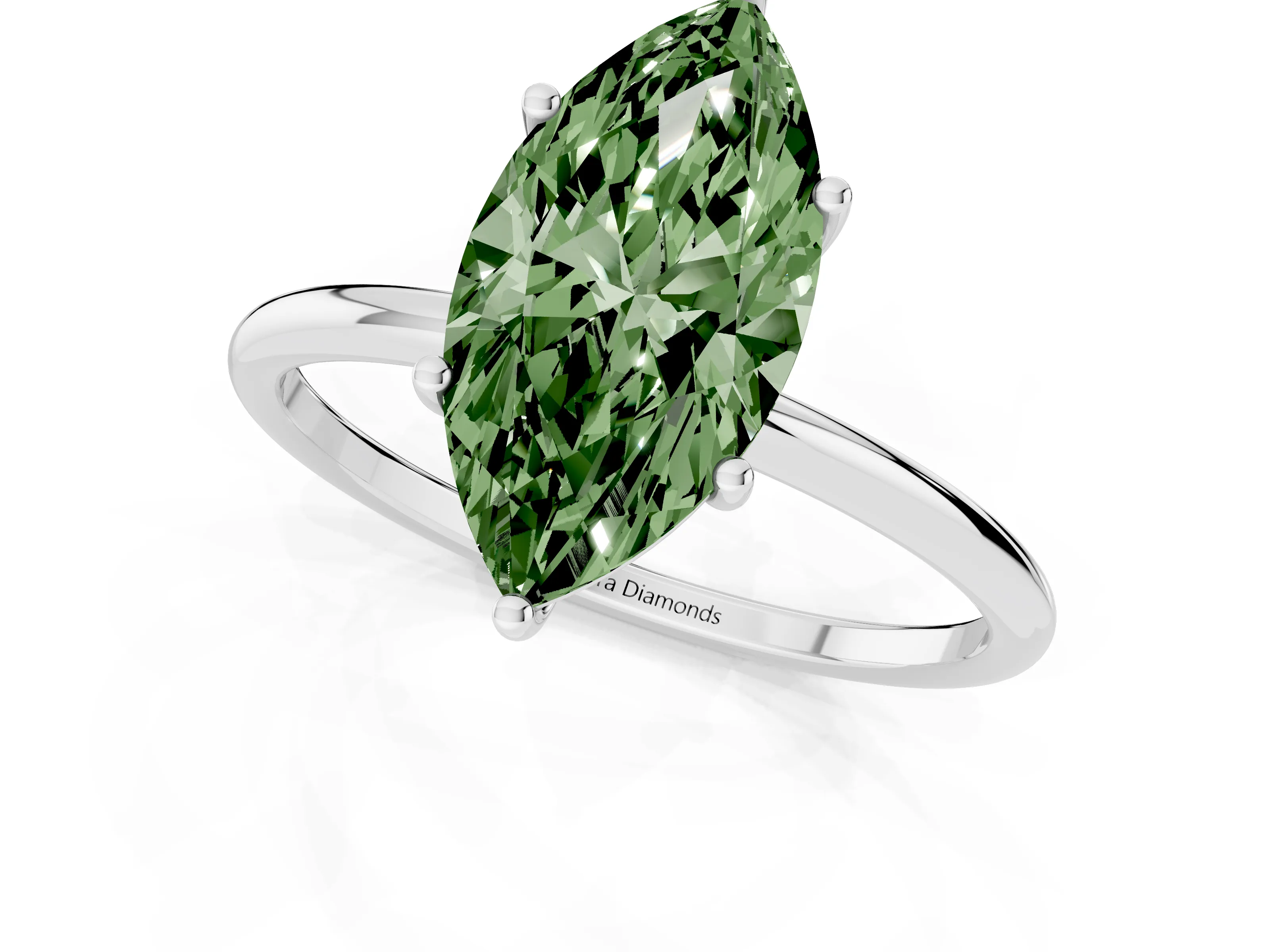 Fancy Green Marquise Cut Diamond Solitaire Engagement Ring Set in White gold with Thin Band and Prong Setting