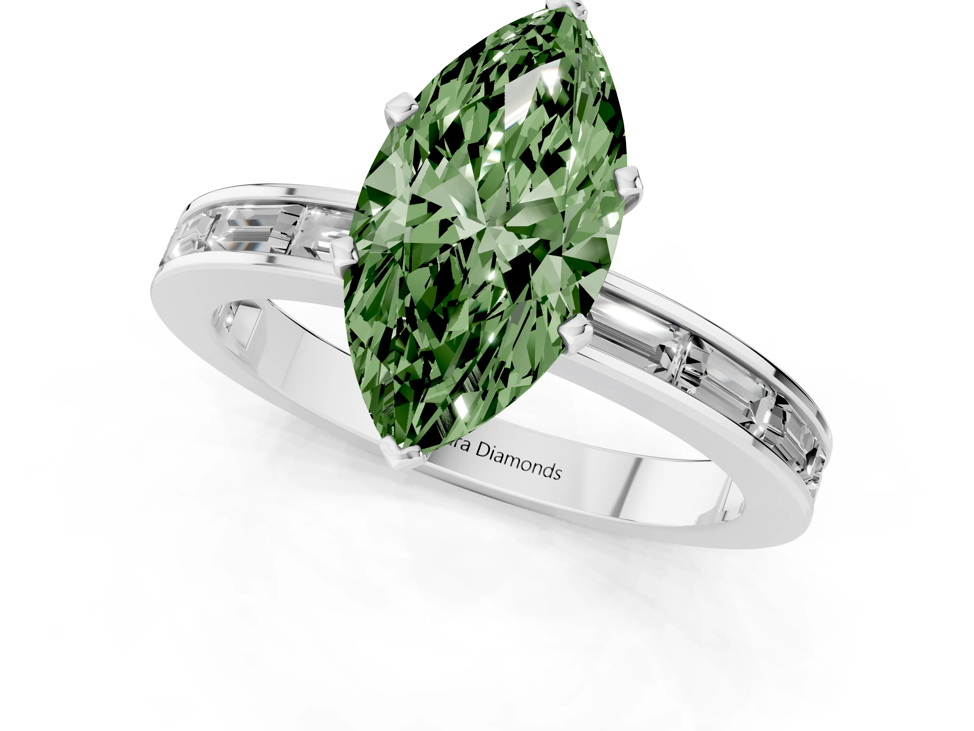 Fancy Green Marquise Cut Diamond Solitaire Ring Set in Silver with Channel-Set Baguette Band and Prong Setting