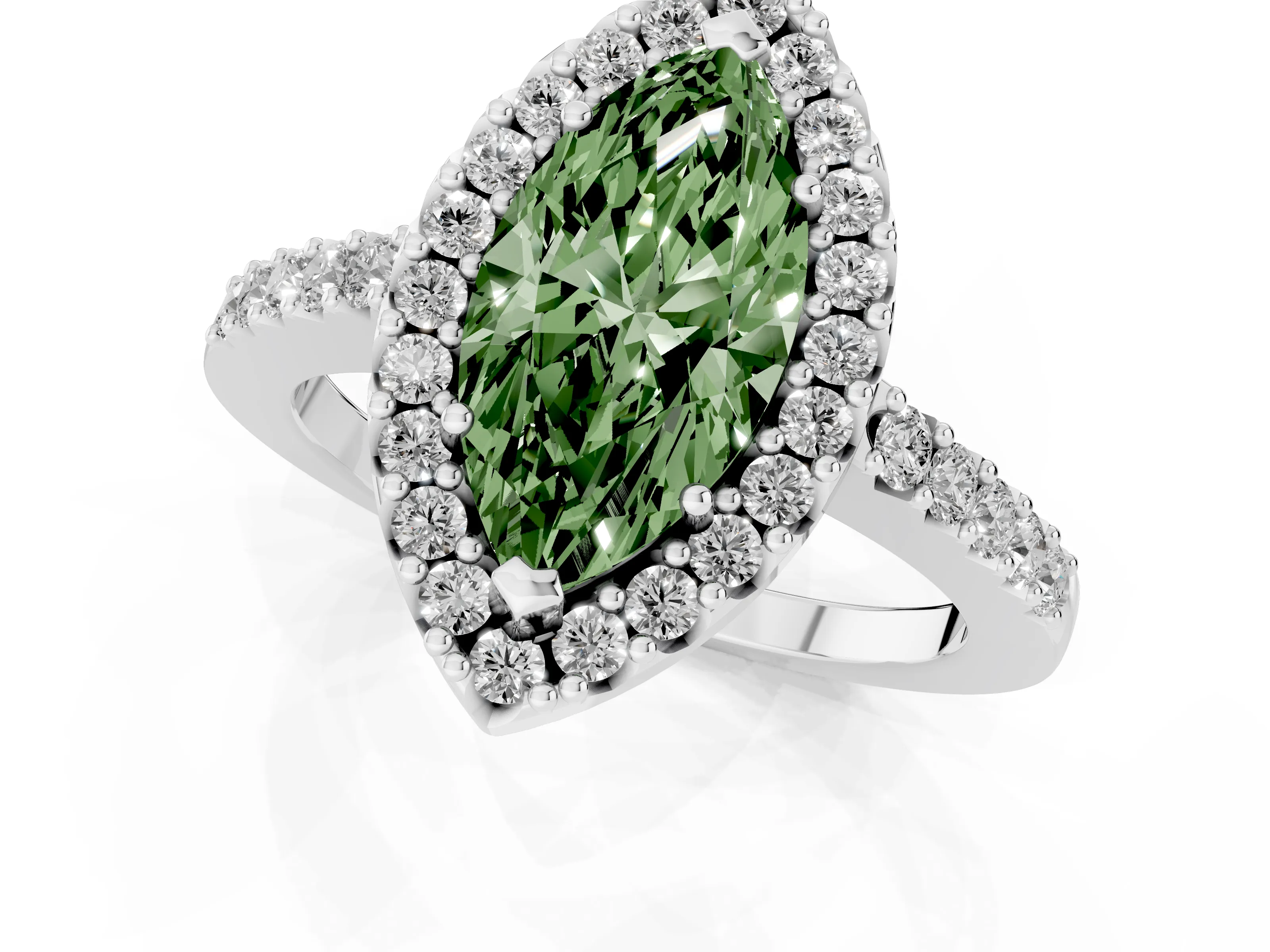 Fancy Green Marquise Cut Diamond Halo Pavé Solitaire Ring Set in White gold with Prong-Set Center Stone
