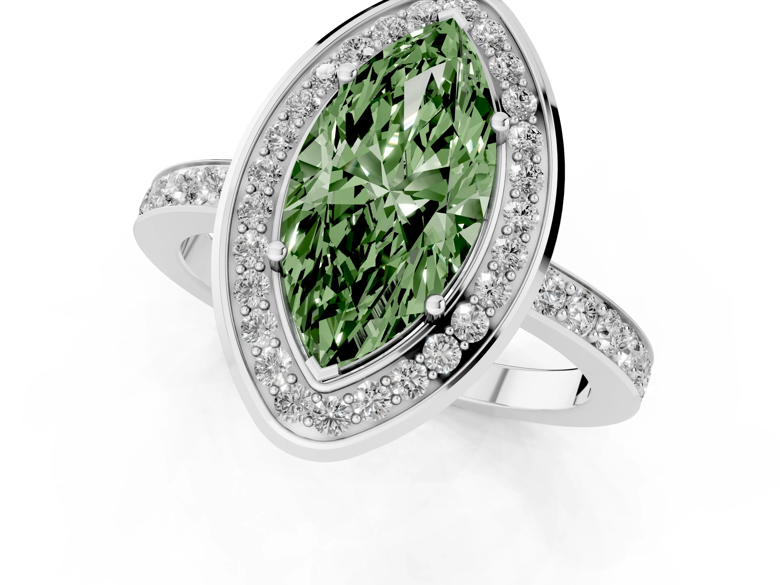 Fancy Green Marquise Cut Diamond Halo Ring Set in Silver with Bezel Frame and Pavé Band
