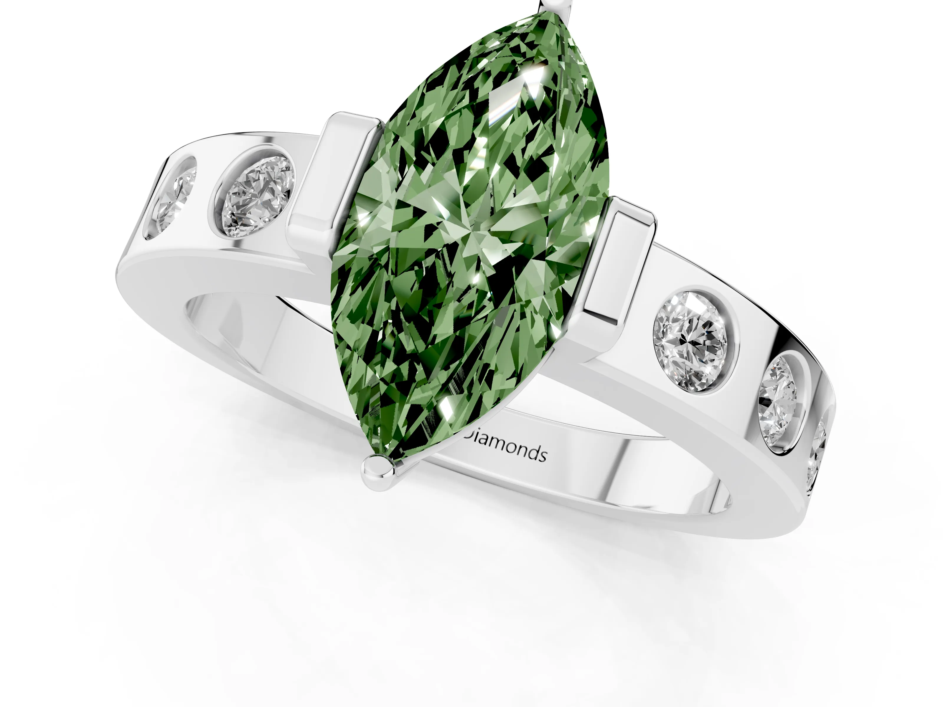 Fancy Green Marquise Cut Diamond Channel-Set Band Ring Set in White gold with Bezel Prong Setting