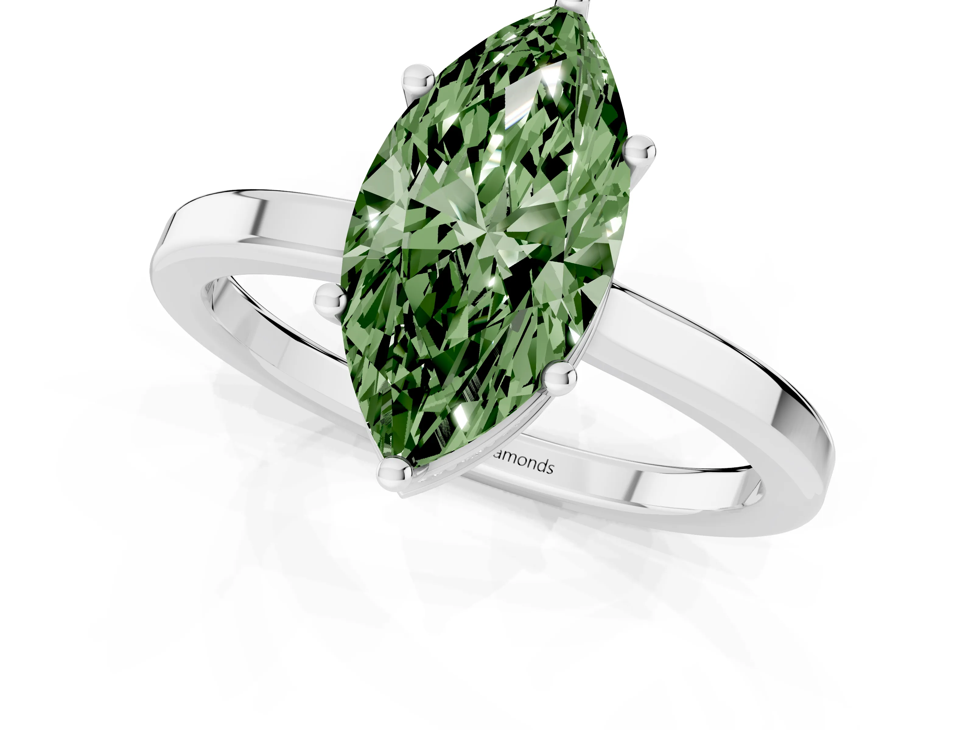Fancy Green Marquise Cut Diamond Solitaire Engagement Ring Set in White gold with Prong Setting on a Plain Band