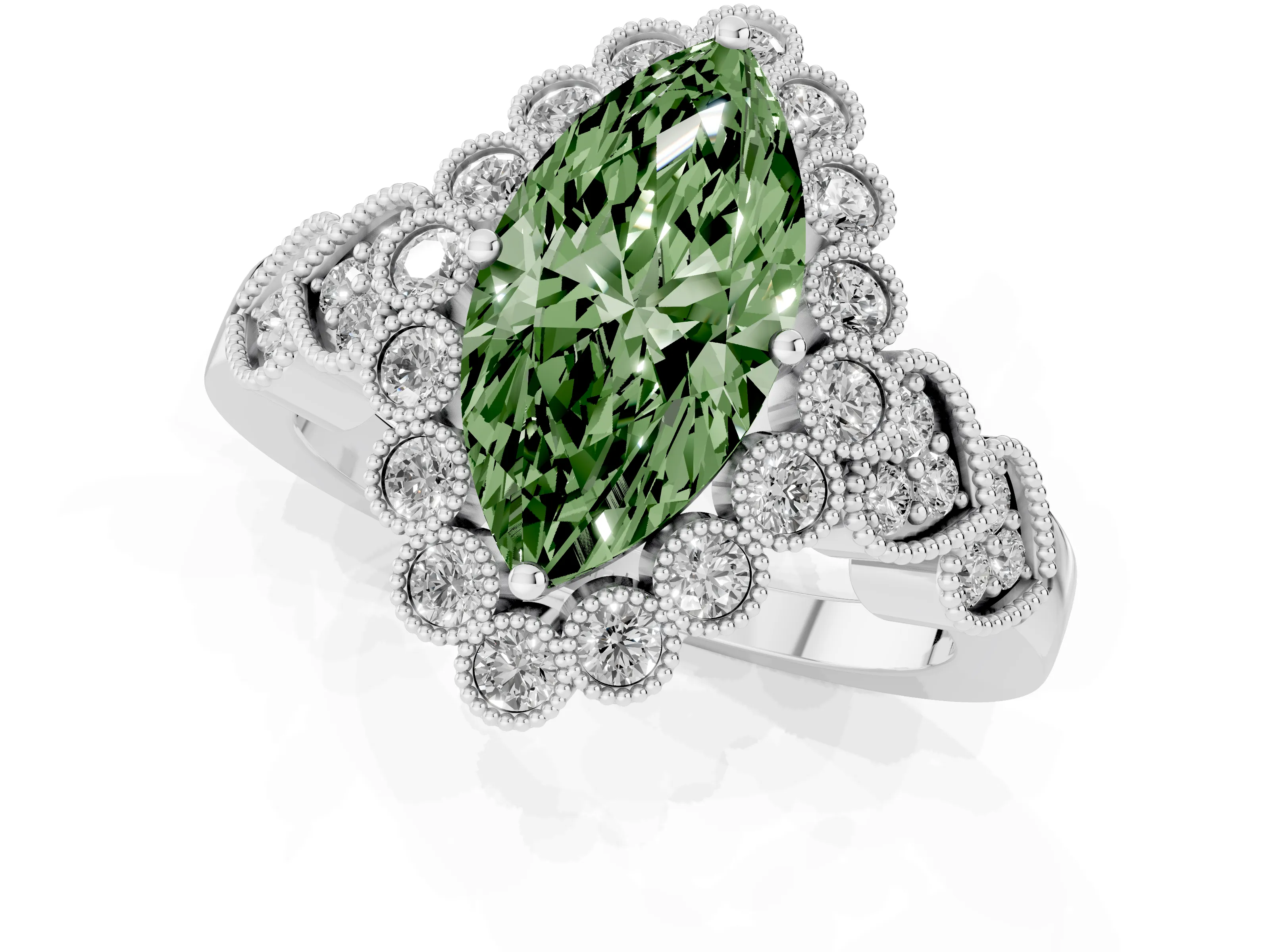 Fancy Green Marquise Cut Diamond Solitaire Ring Set in Platinum with Milgrain Pavé Heart Band