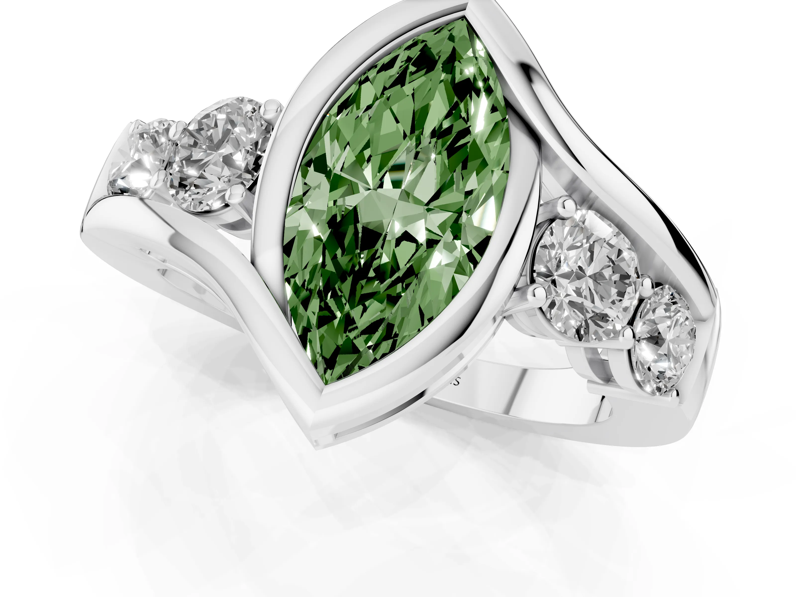 Fancy Green Marquise Cut Diamond Bezel Bypass Ring Set in Silver with Round Accents