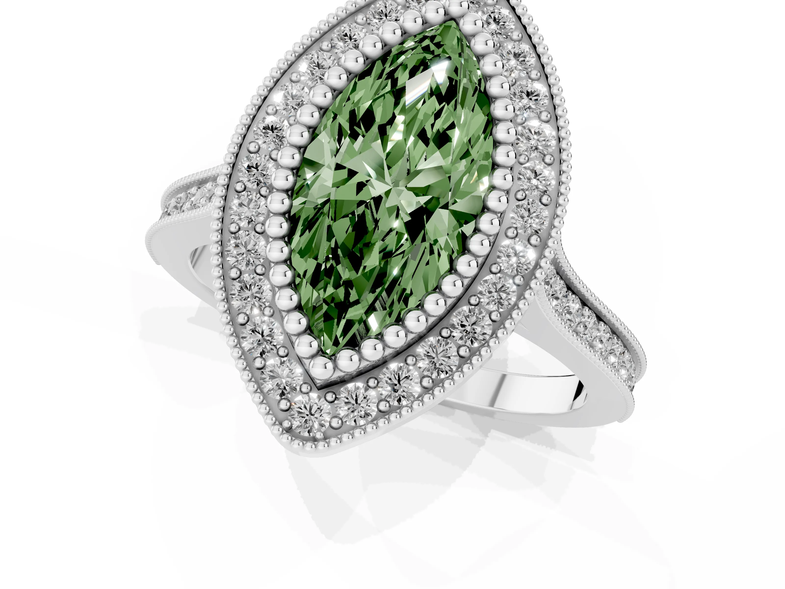 Fancy Green Marquise Cut Diamond Halo Ring Set in Silver with Milgrain Frame and Pavé Band