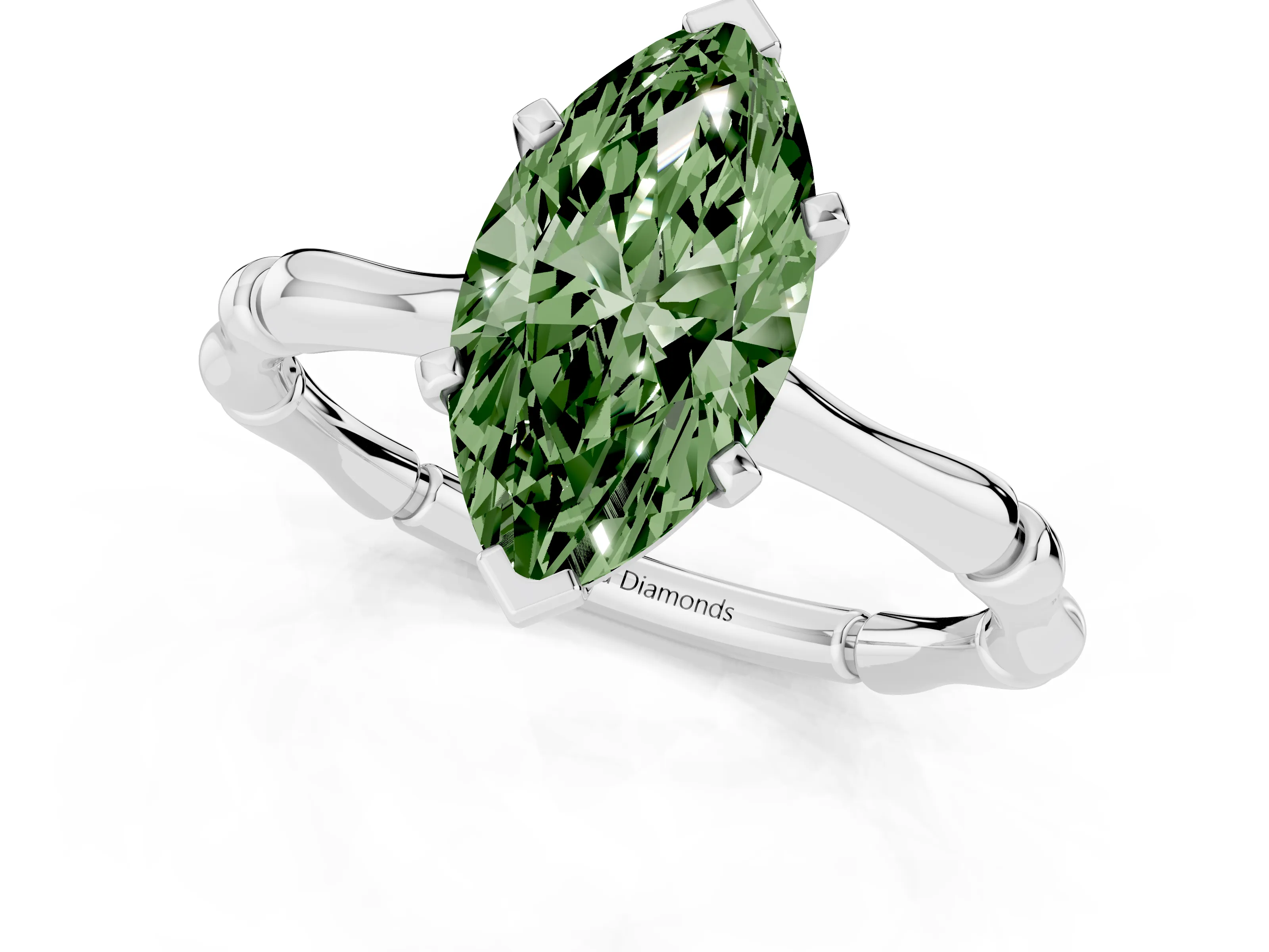 Fancy Green Marquise Cut Diamond Solitaire Ring Set in Silver with Bamboo Band and Prong Setting