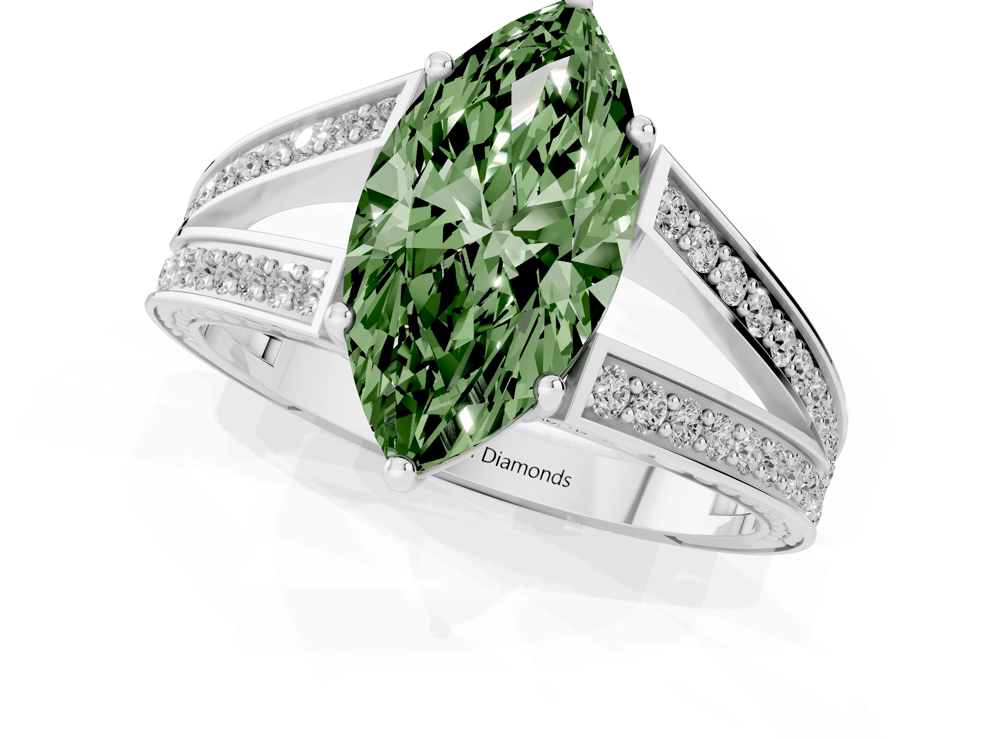 Fancy Green Marquise Cut Diamond Split Shank Ring Set in Platinum with Pavé Band and Prong Setting
