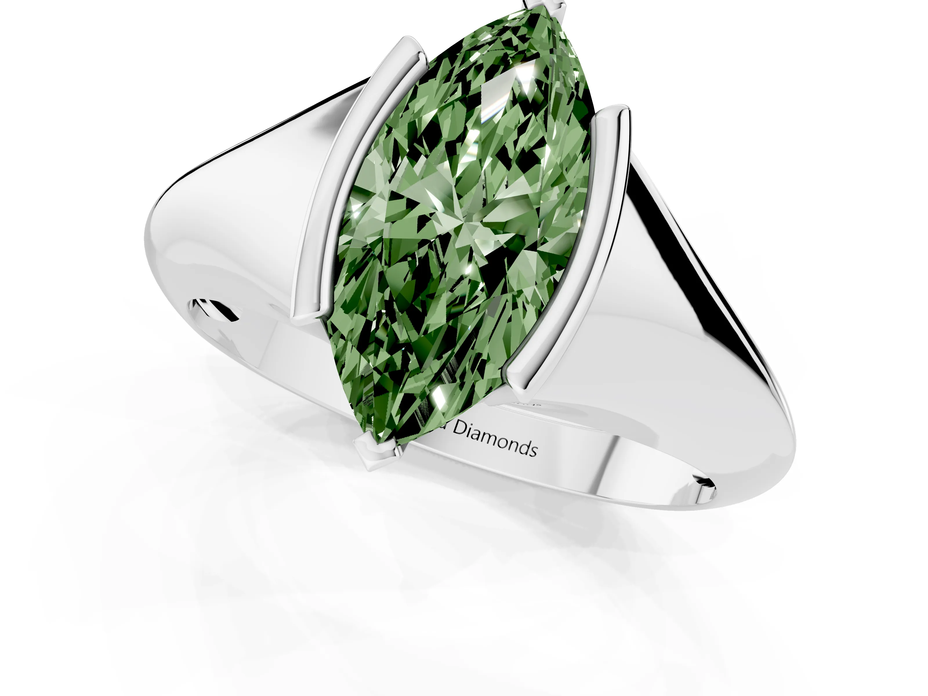Fancy Green Marquise Cut Diamond Solitaire Tension Set Ring Set in Silver