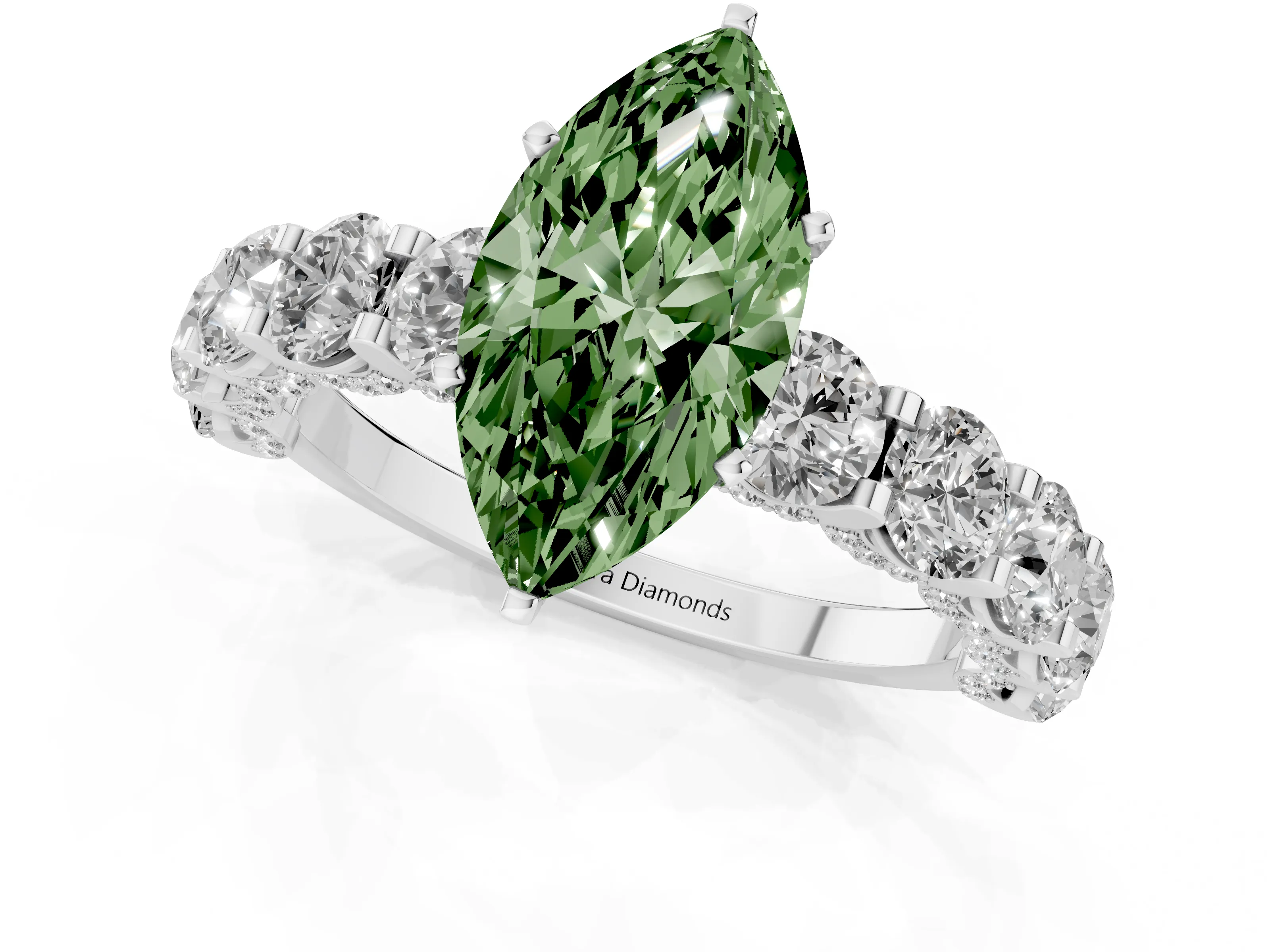 Fancy Green Marquise Cut Diamond Side Stone Ring Set in White gold with Alternating Round and Oval Side Stones