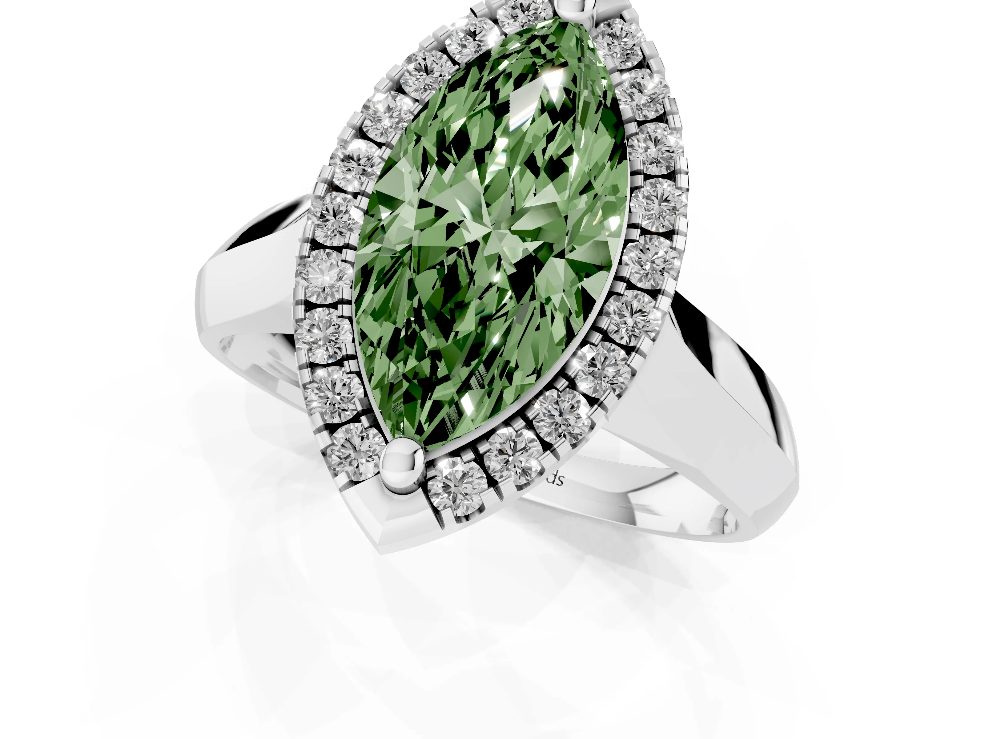 Fancy Green Marquise Cut Diamond Halo Solitaire Engagement Ring Set in Platinum with Square Band and Prong Setting