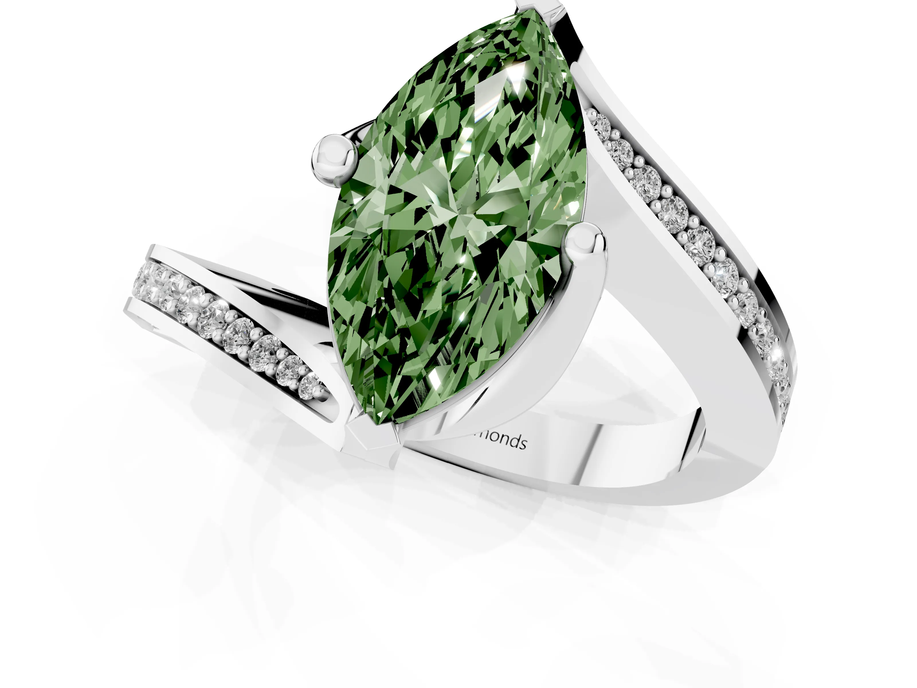 Fancy Green Marquise Cut Diamond Solitaire Ring Set in Silver with Intertwined Pavé Twist Band