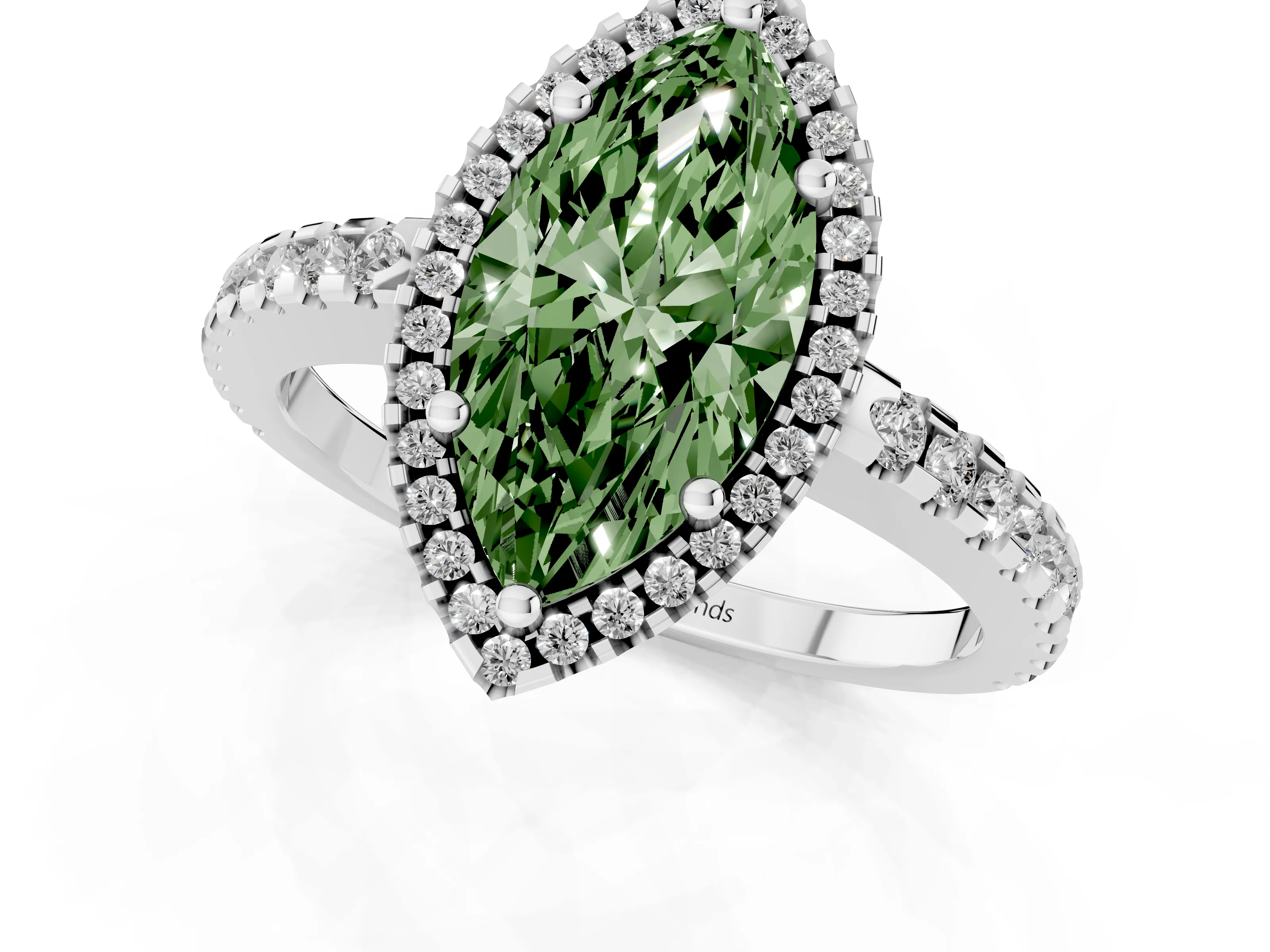 Fancy Green Marquise Cut Diamond Halo Ring Set in White gold with Pavé Shoulders and Halo-Framed Center