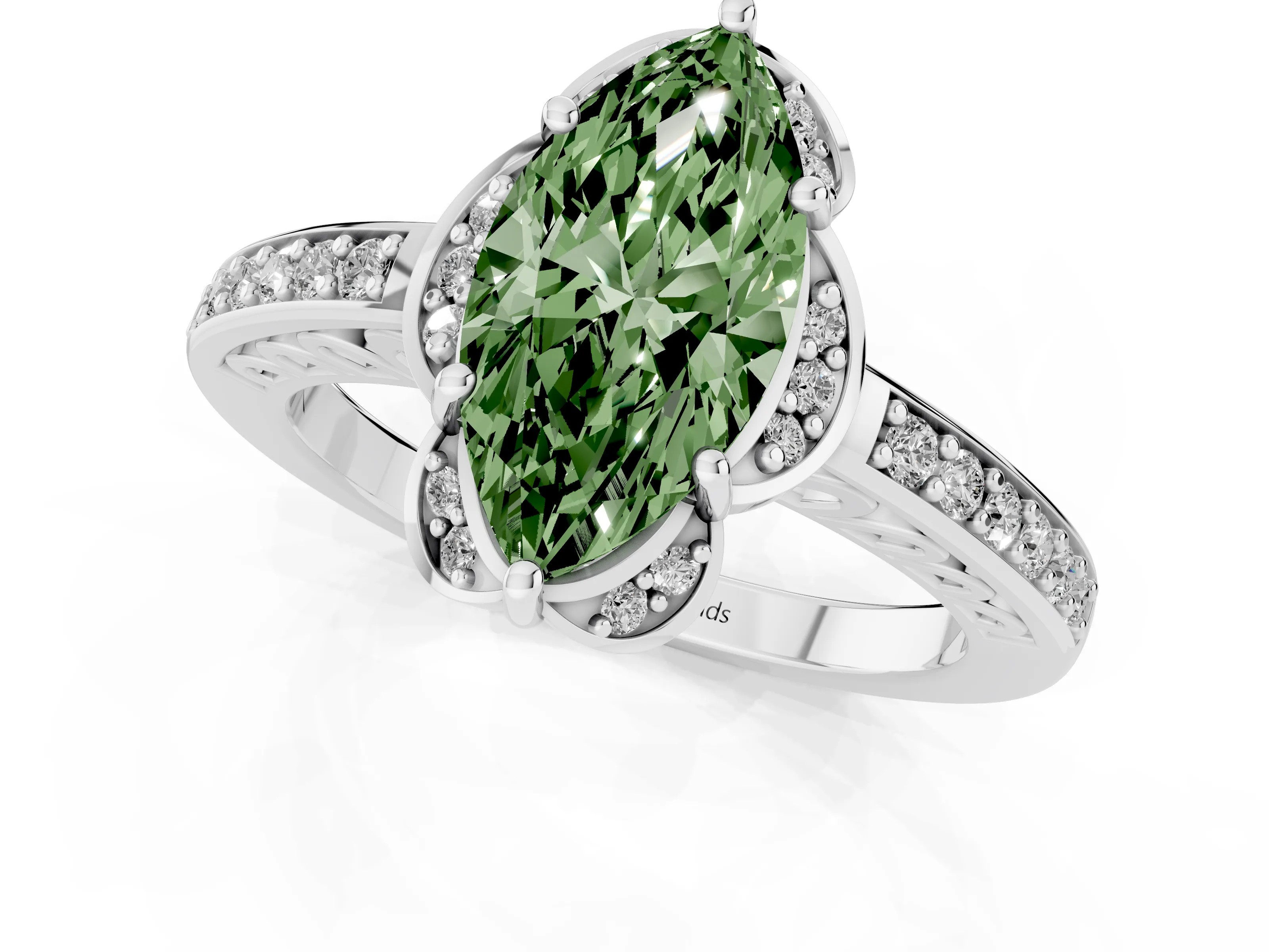 Fancy Green Marquise Cut Diamond Halo Ring Set in Silver with Channel Set Band and Prong Setting